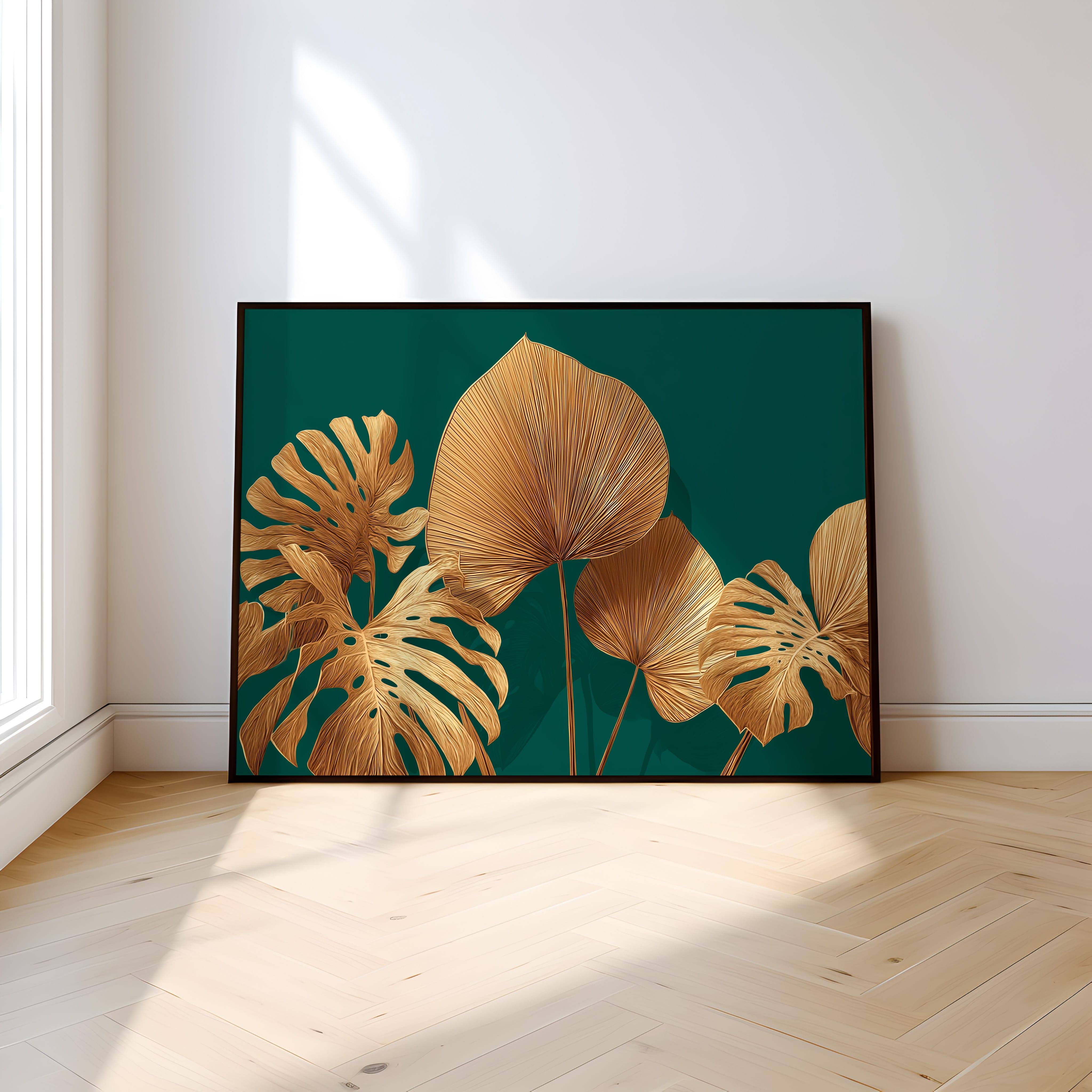 Gold Monstera Print - Emerald Green Wall Art | Luxurious Tropical Decor Poster
