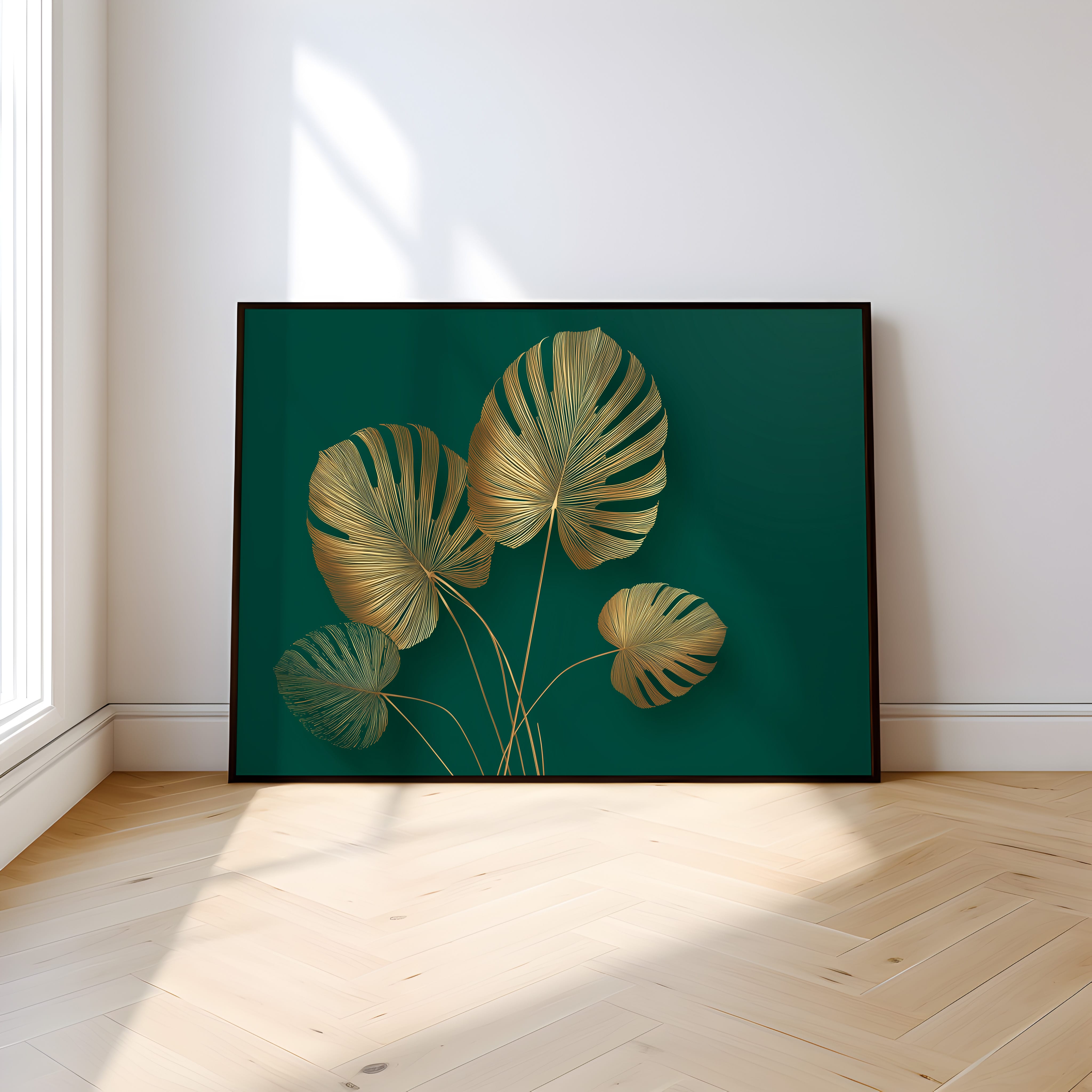 Gold Monstera Wall Art – Oversized Leaf Poster | Emerald Green Decor | Metallic Gold Foil Leaf Print