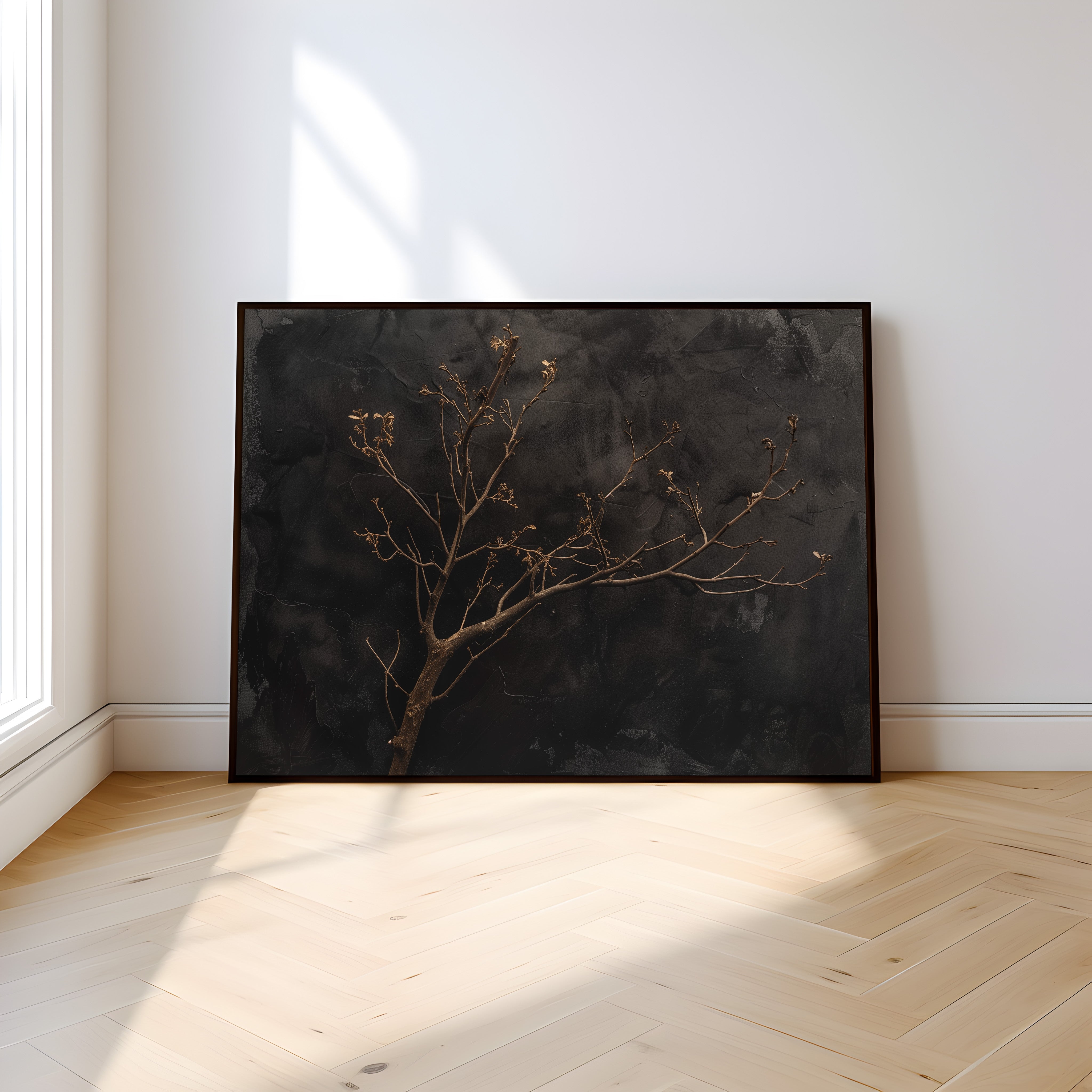 Minimalist Gnarled Branch Painting – Dark Moody Wall Art | Charcoal Sepia Texture