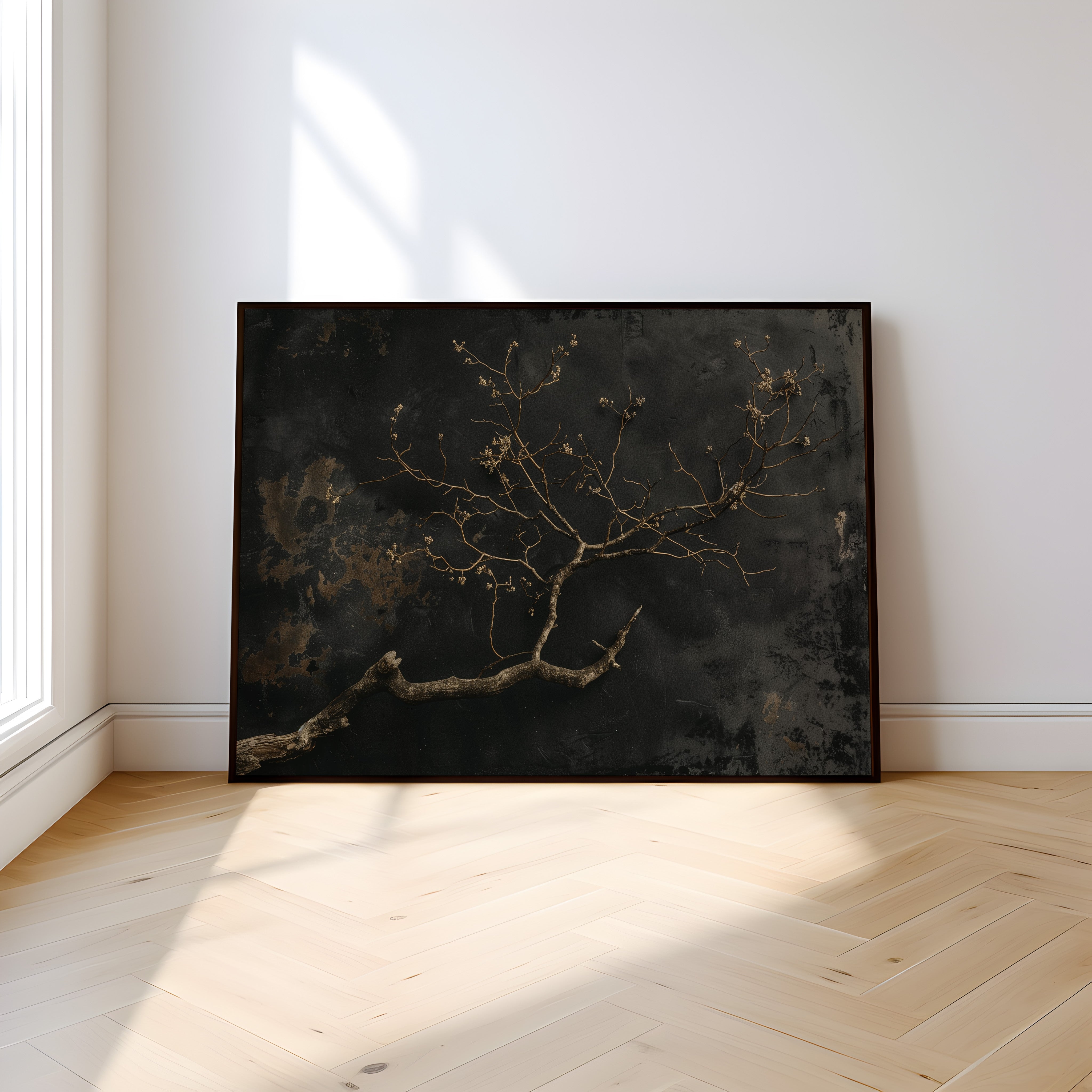 Minimalist Gnarled Branch Painting – Dark Moody Wall Art | Charcoal Sepia Texture