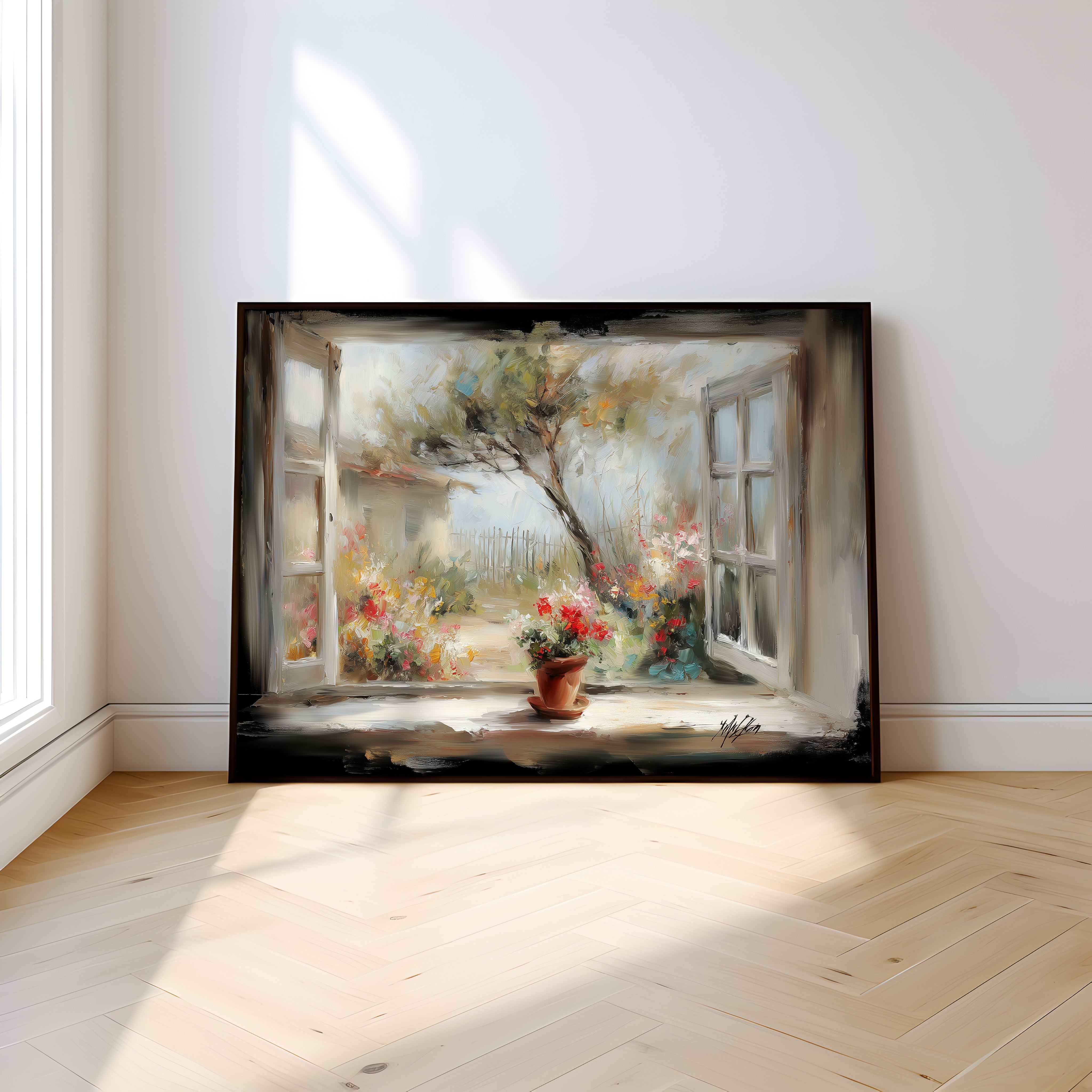 Cottage Window Wall Art - Rustic Farmhouse Wall Decor | Garden Landscape Print With White Frame