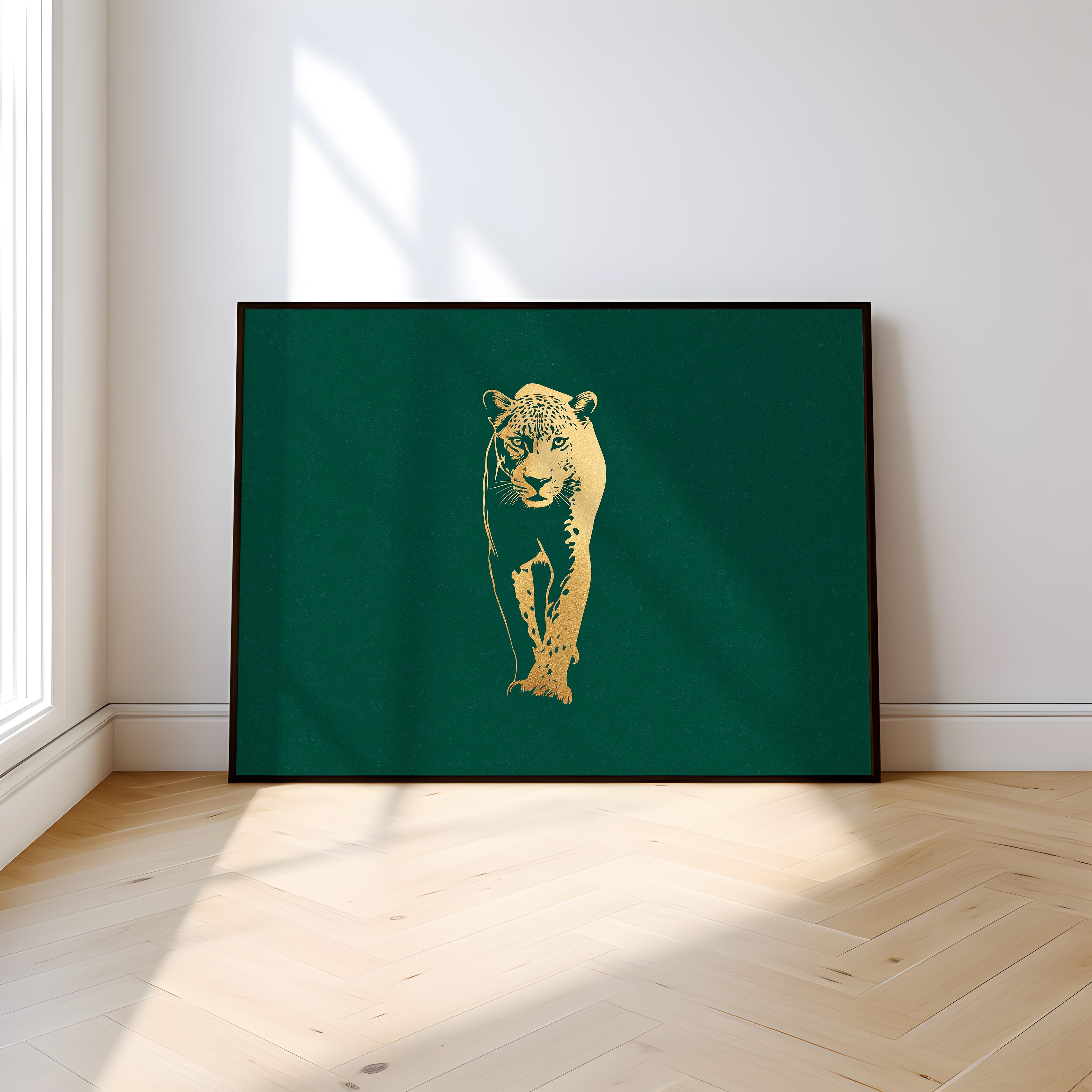 Gold Foil Leopard Wall Art – Emerald Green Art Deco Animal Print Poster