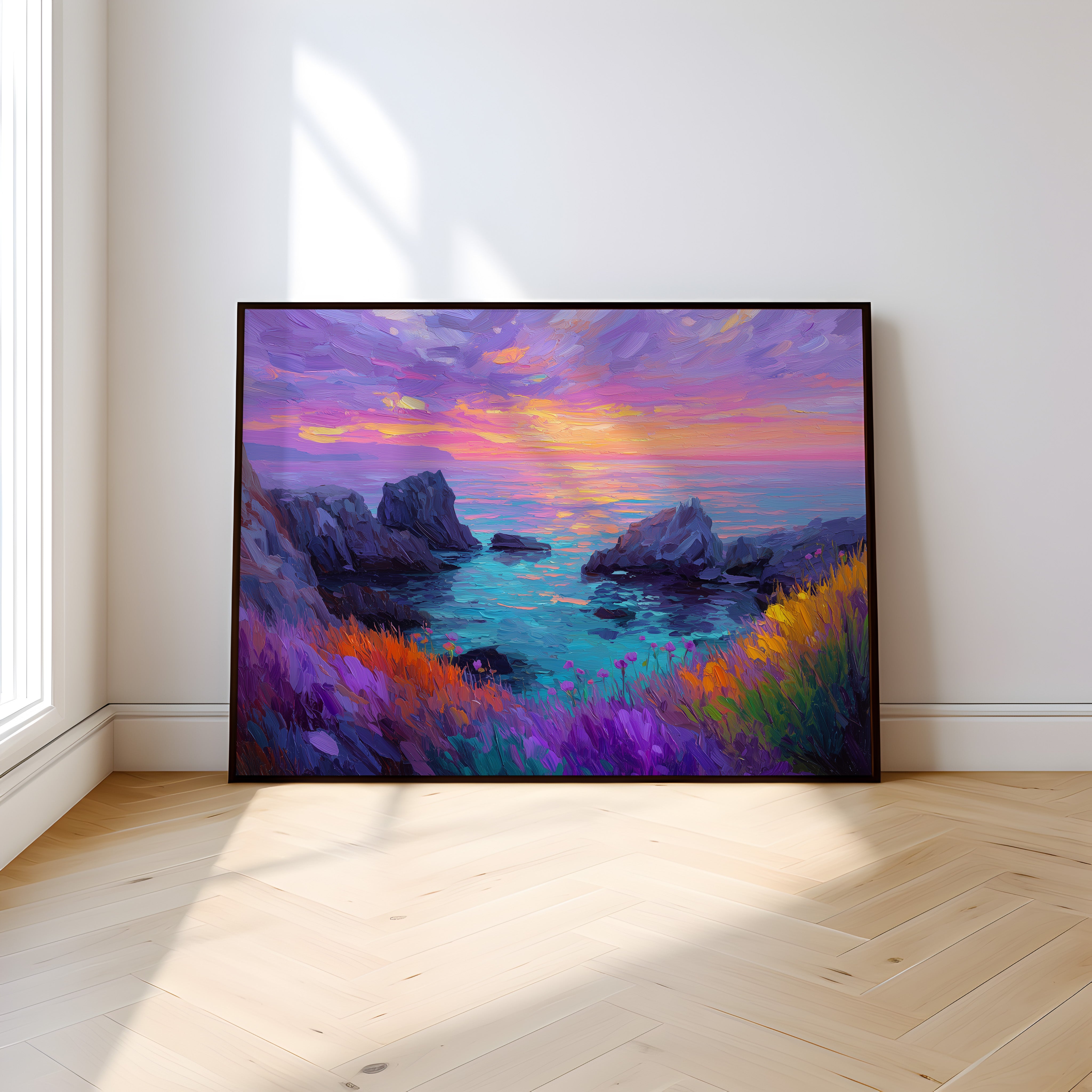 Abstract Coast Wall Art – Vibrant Sunset Print With Impasto Brushstrokes | Adventure Landscape