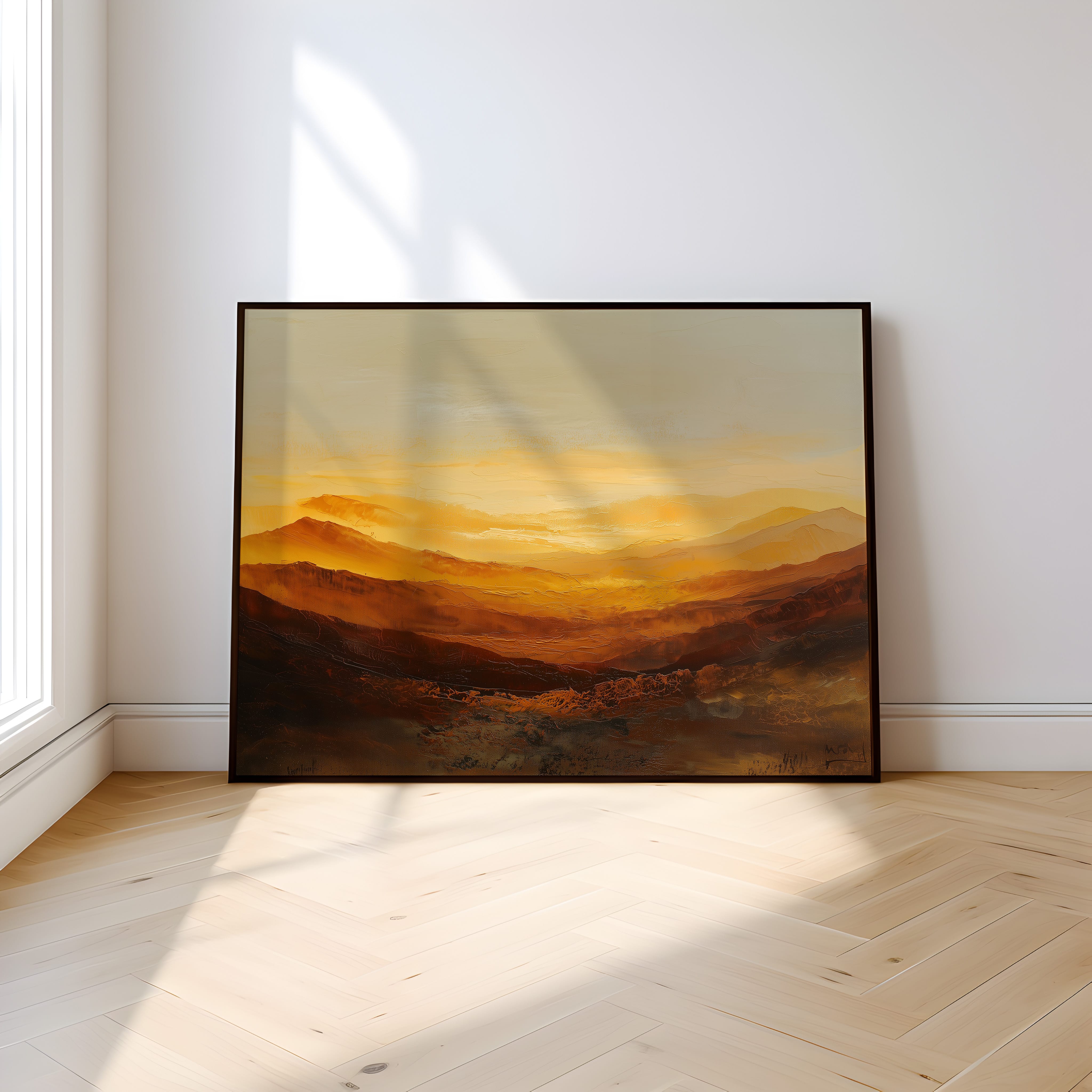 Amber Gold Wall Art - Abstract Canvas Print | Heavy Impasto Painting | Horizontal Palette Knife Decor