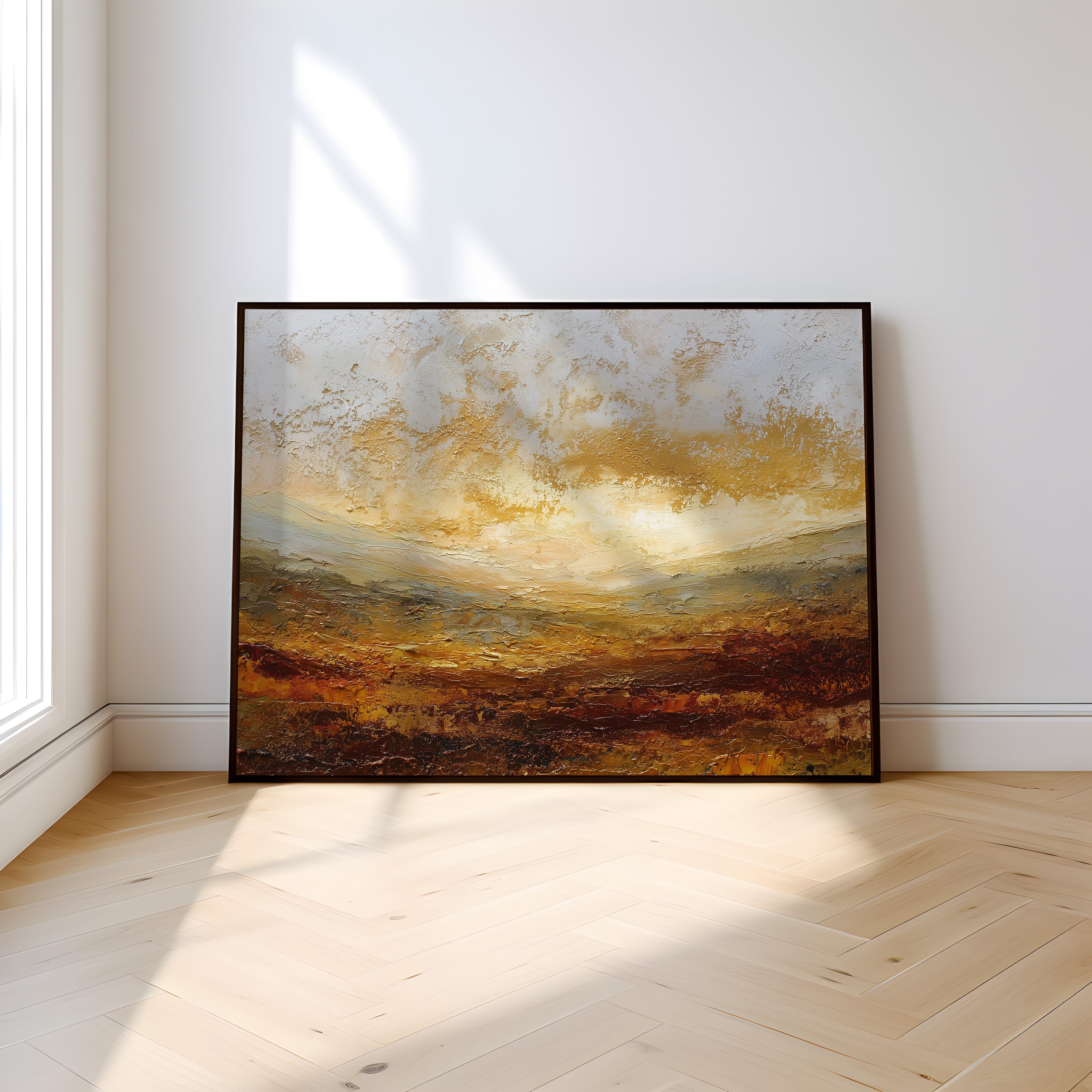Abstract Horizon Wall Art – Burnt Orange Art | Deep Amber Print | Palette Knife Texture