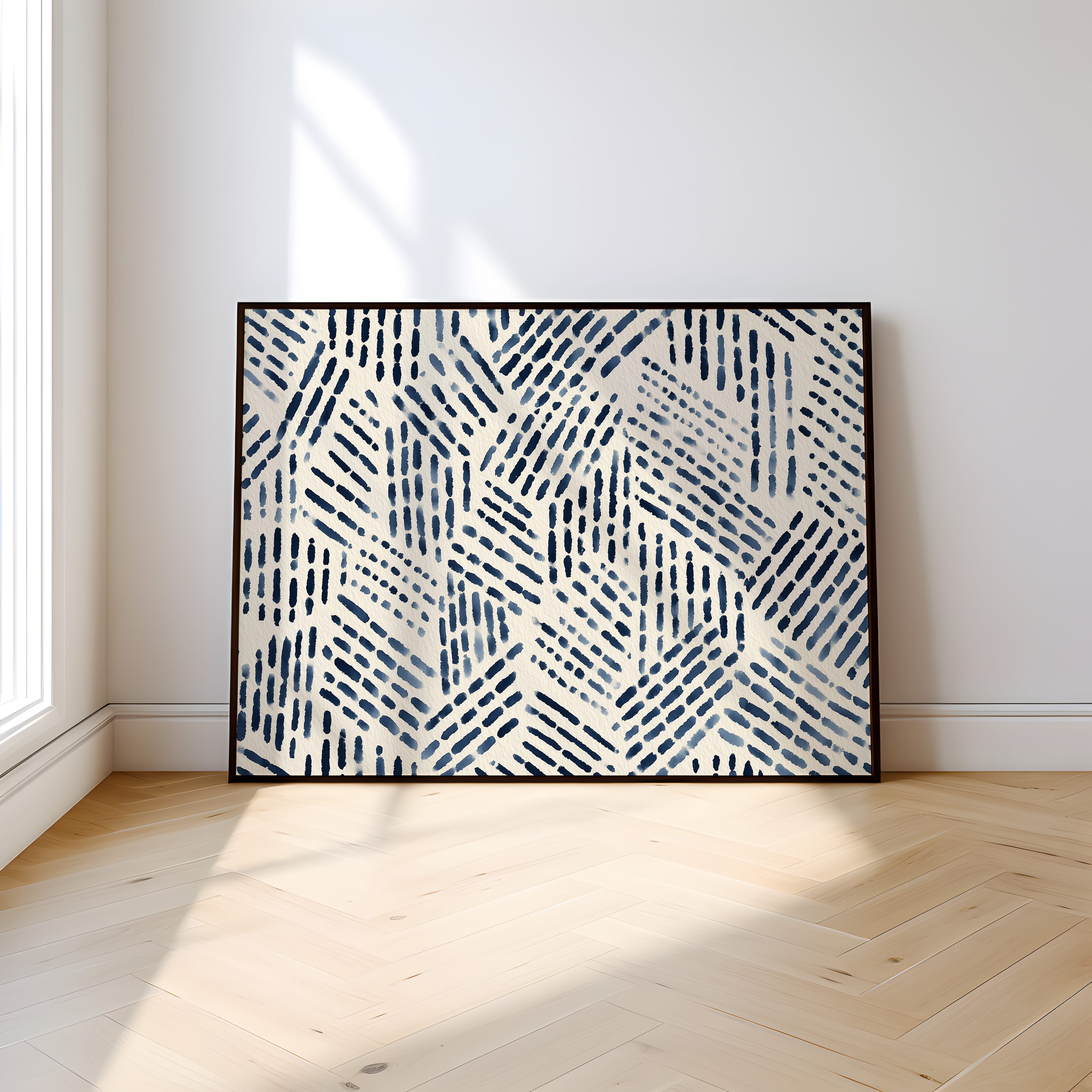 Navy Blue Abstract Art - Mid Century Textile Print | Hand Drawn Ink & Watercolor Pattern