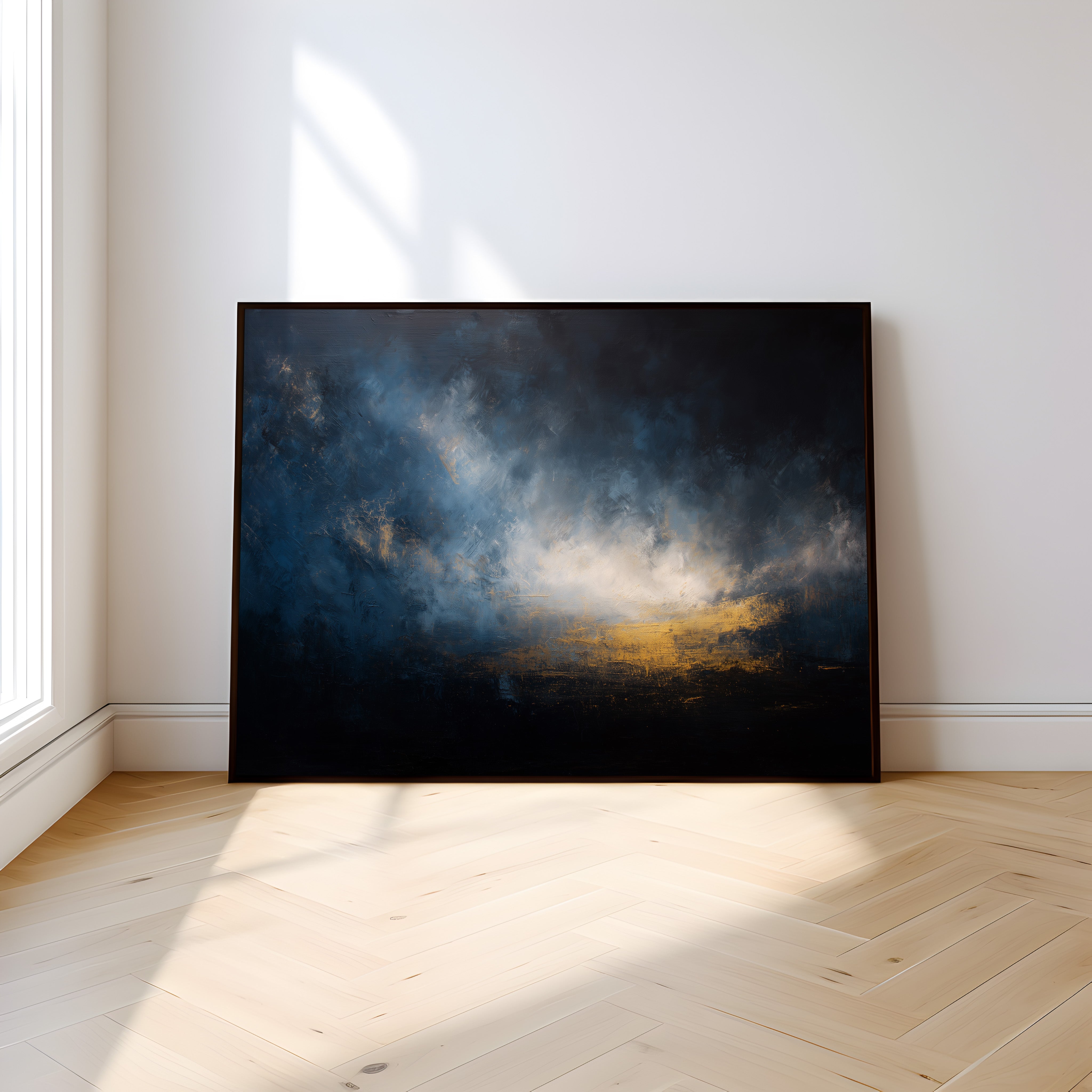 Minimalist Abstract Art - Dramatic Light Contrast | Deep Blue Oil Print & Warm Gold Accent