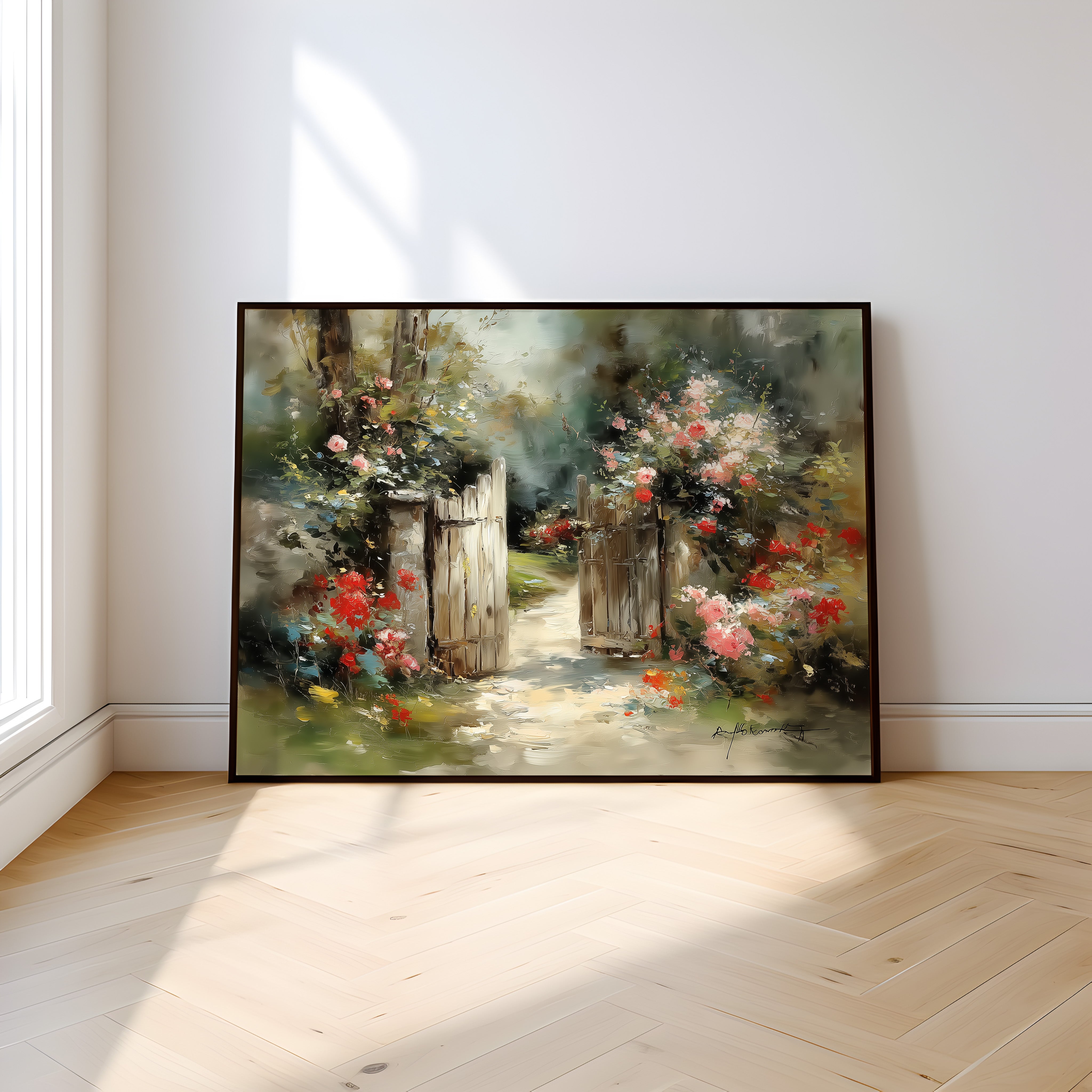 English Garden Wall Art | Rustic Garden Gate & Climbing Rose Painting | Country Farmhouse Decor