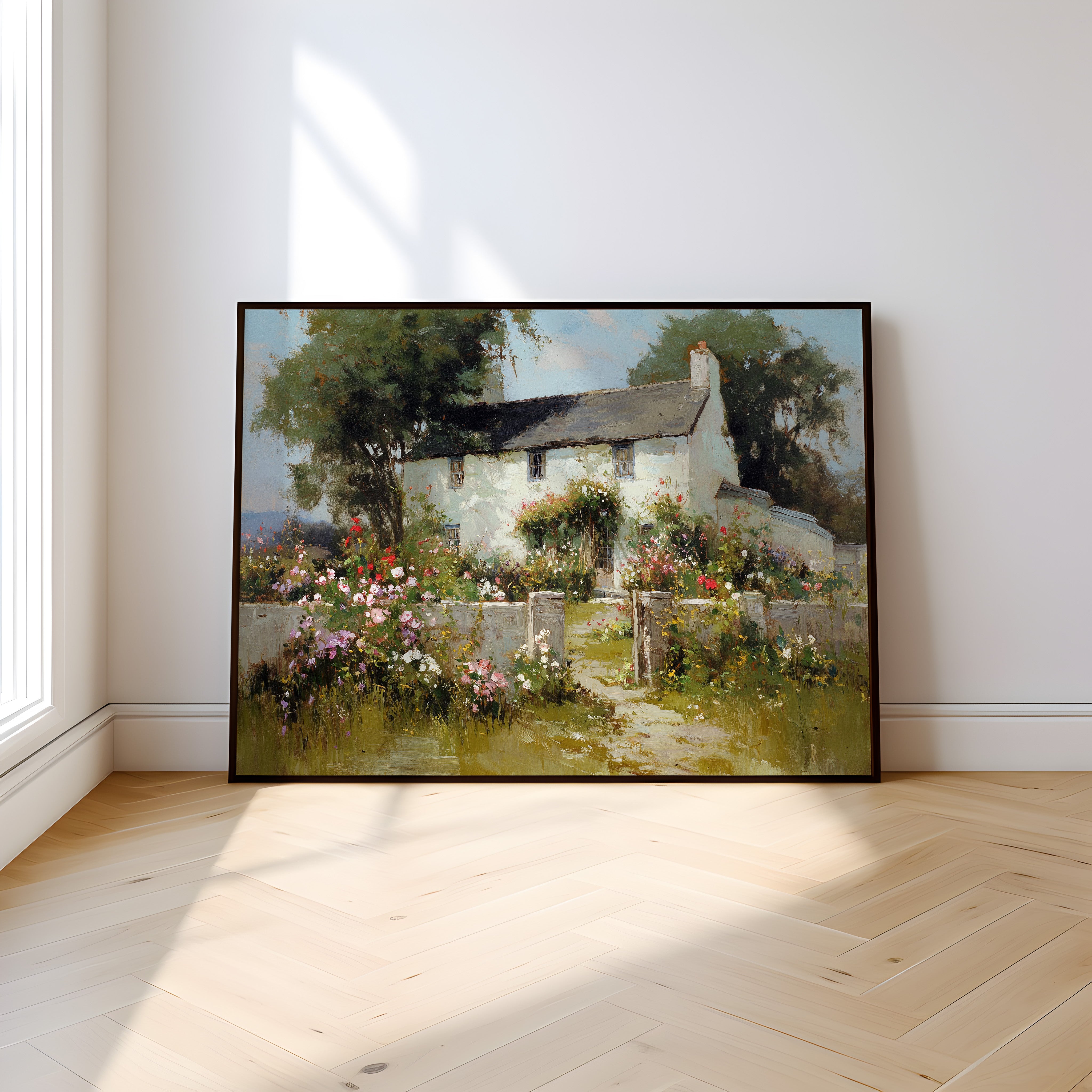 English Cottage Wall Art – Rustic Charm Floral Landscape Oil Painting Canvas