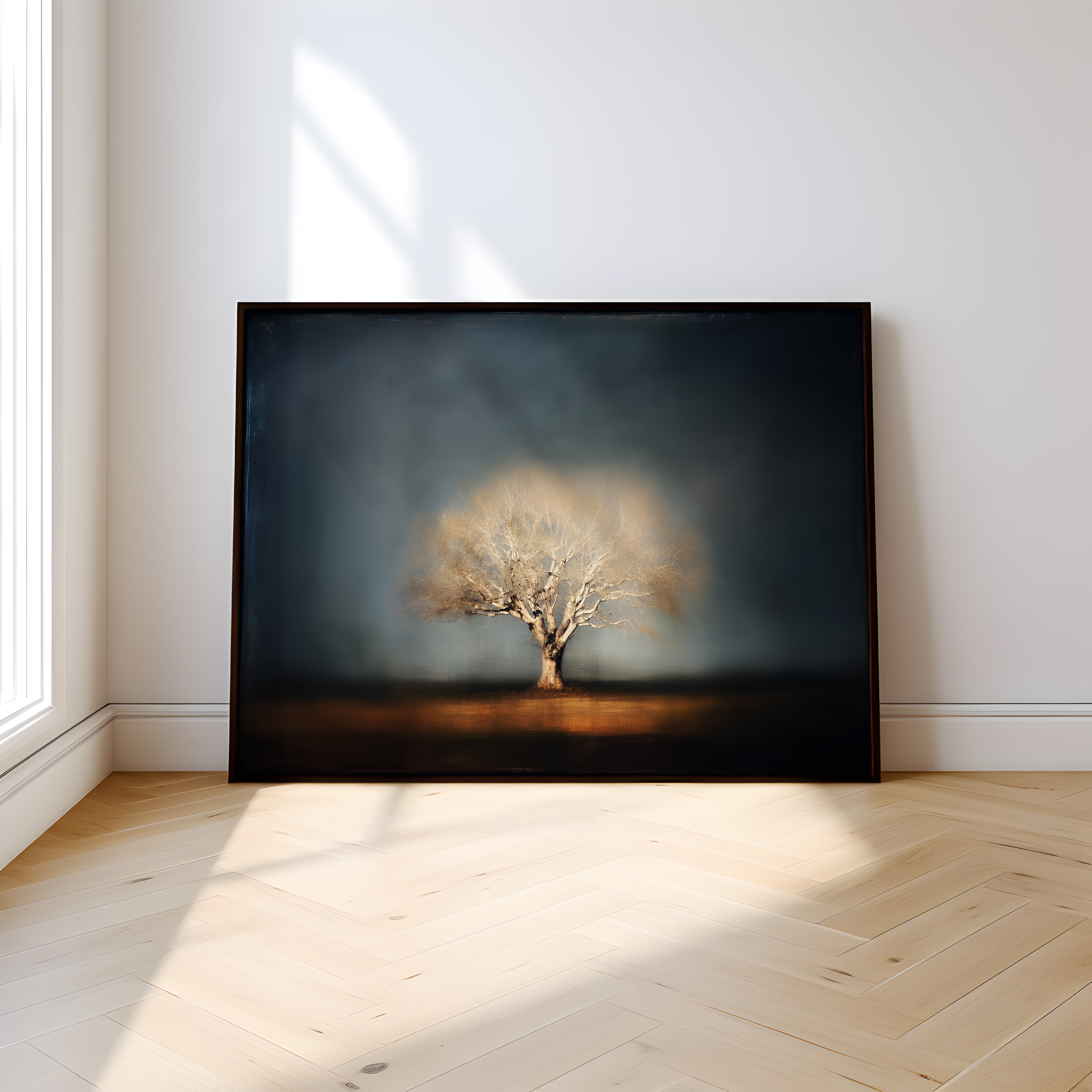 Minimalist Tree Wall Art – Moody Wall Decor | Indigo Sky Painting | Sepia Tone Art Canvas