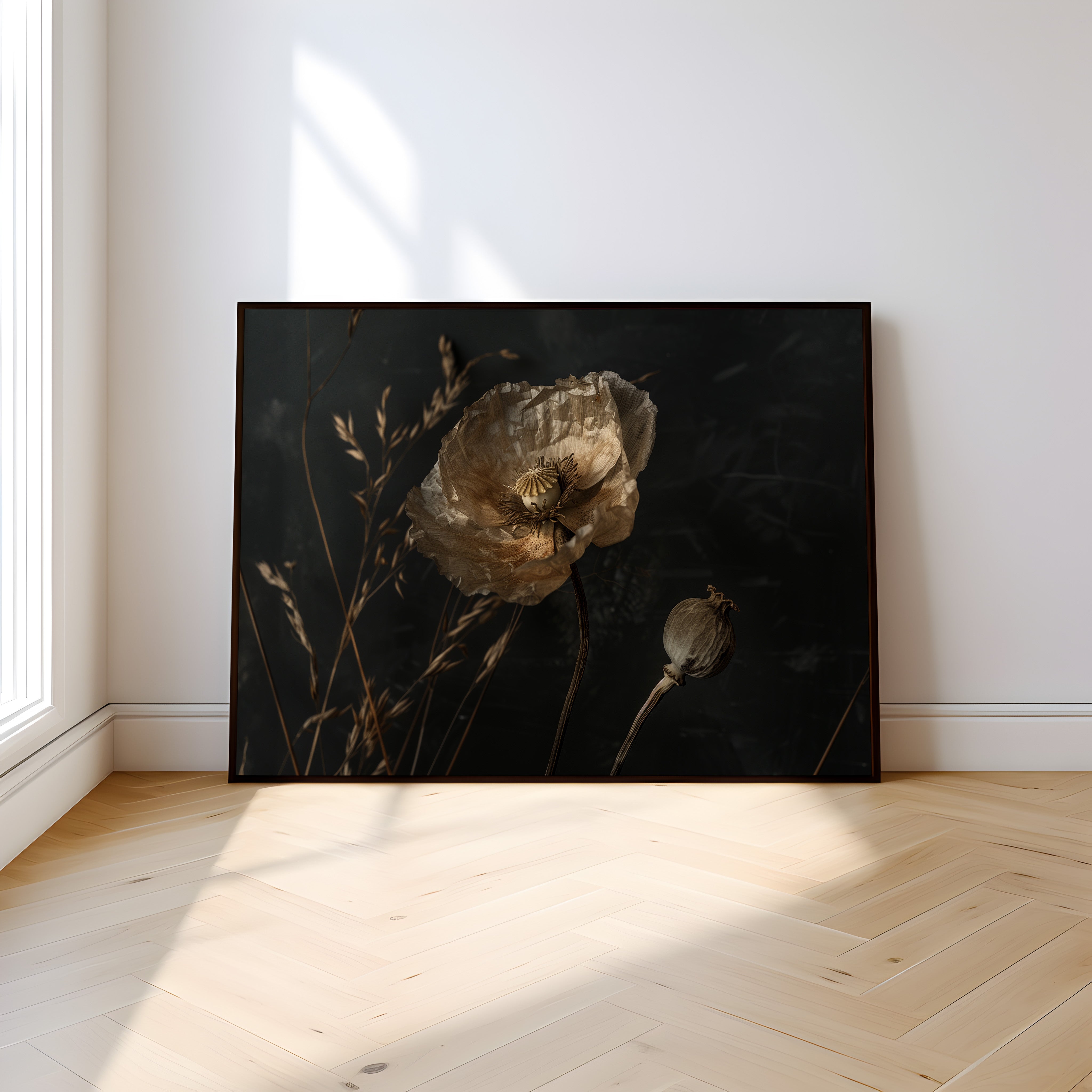Dried Poppy Seed Pod Art – Textured Oil Painting | Moody Wabi Sabi Decor