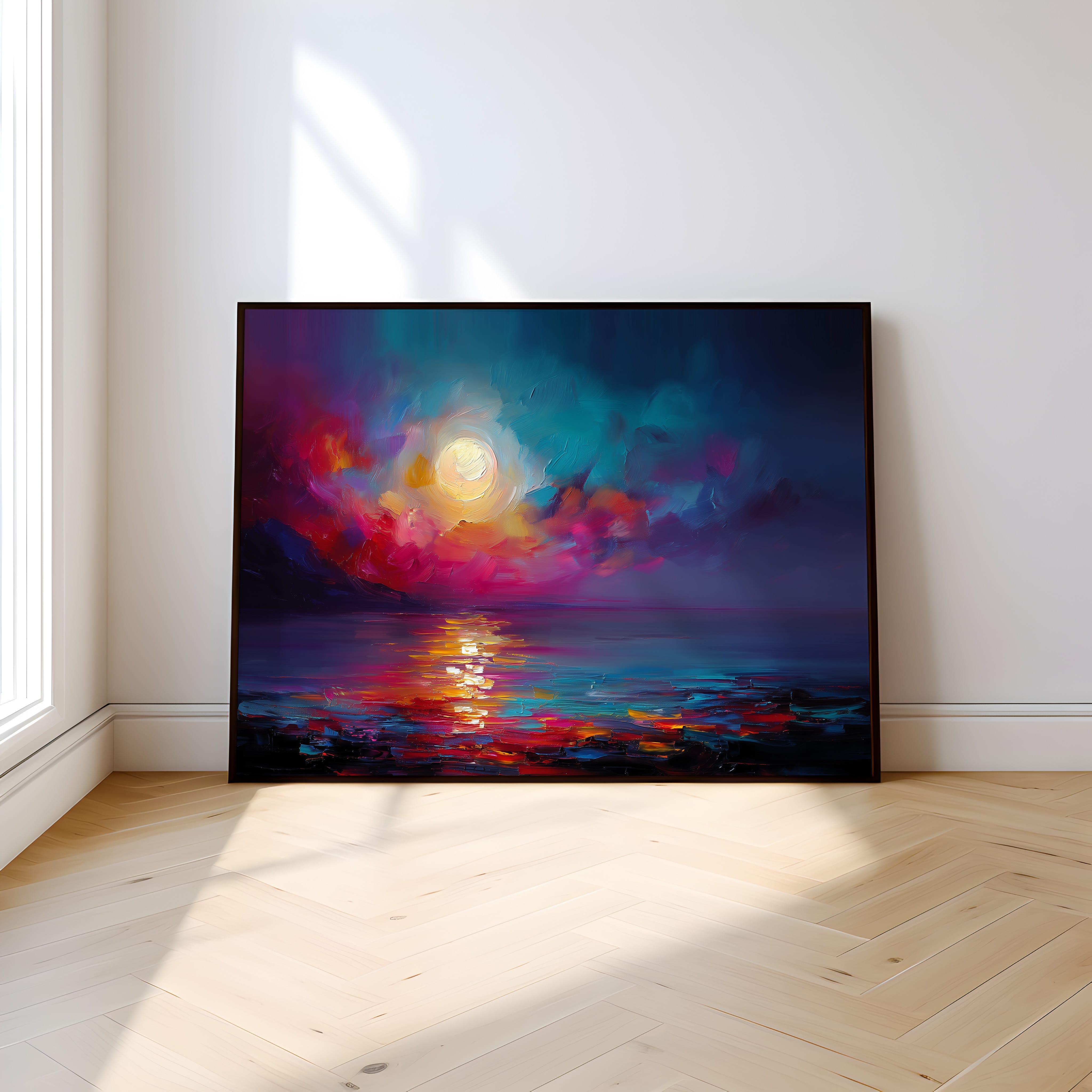 Fantasy Moon Wall Art – Luminous Full Moon Print | Vibrant Dream Seascape