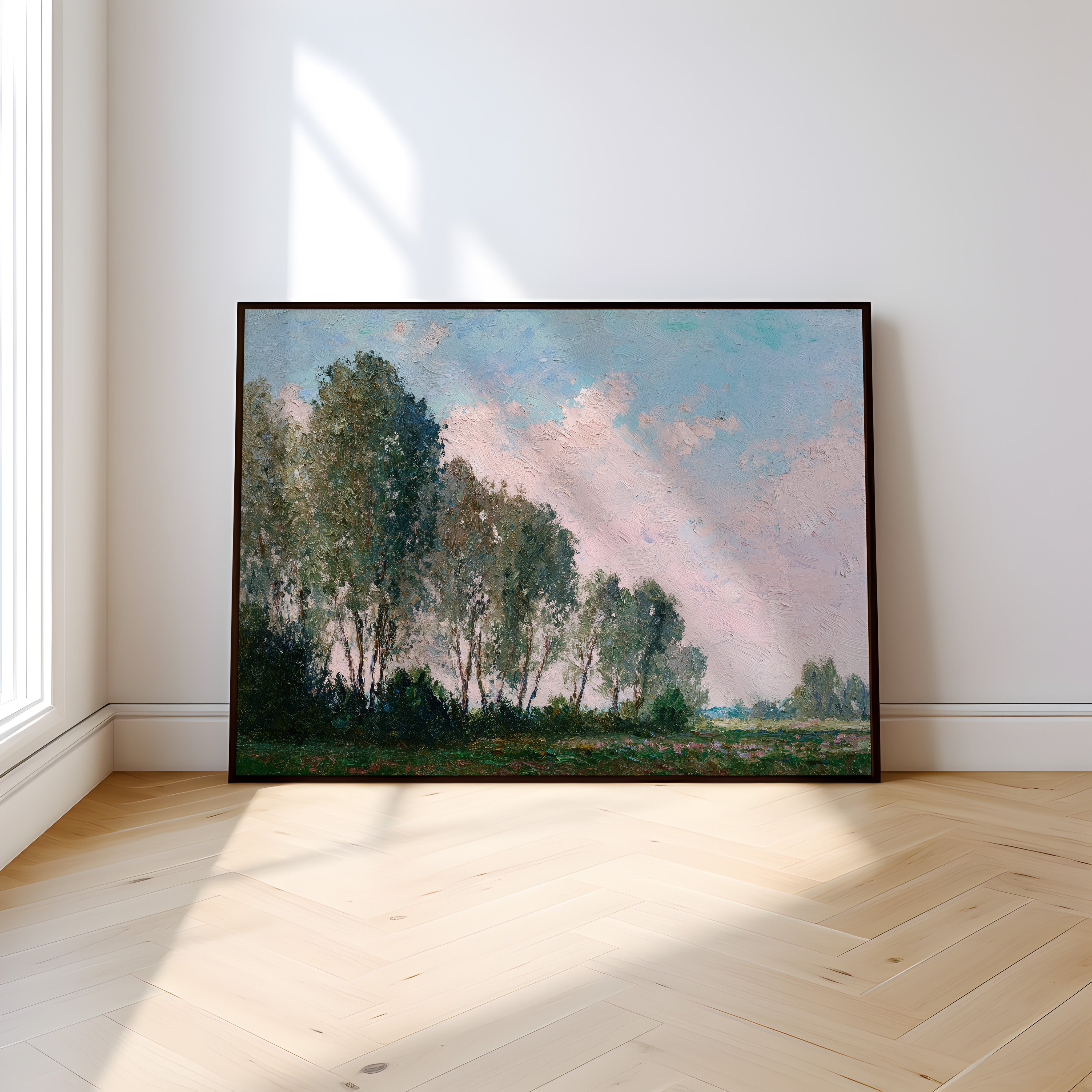 Landscape Wall Art – Teal Pink Painting | Wide Angle Rural Horizon Art Print