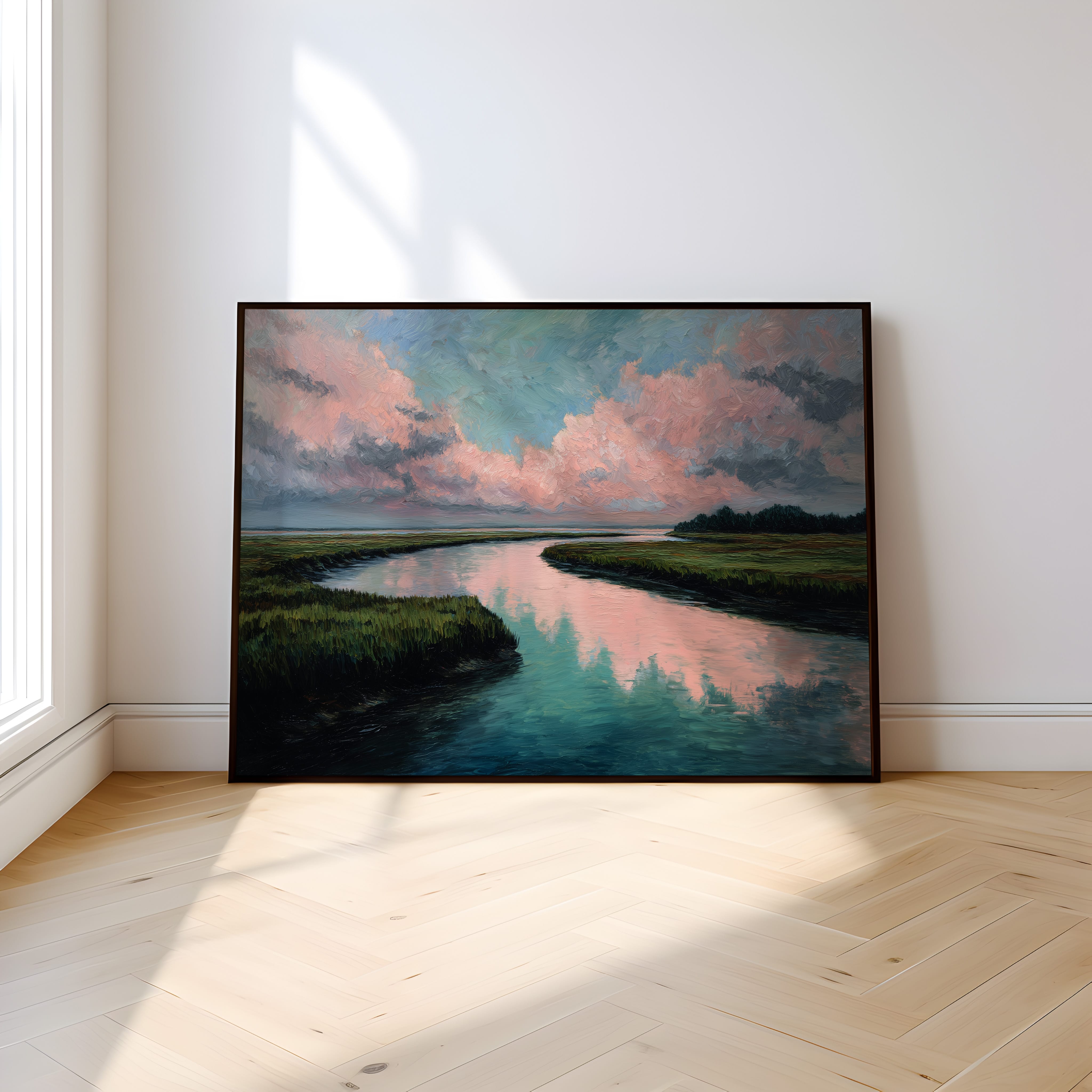 Marshland River Wall Art | Pastel Reflection Art – Impasto Texture Artwork | Nature Wall Decor