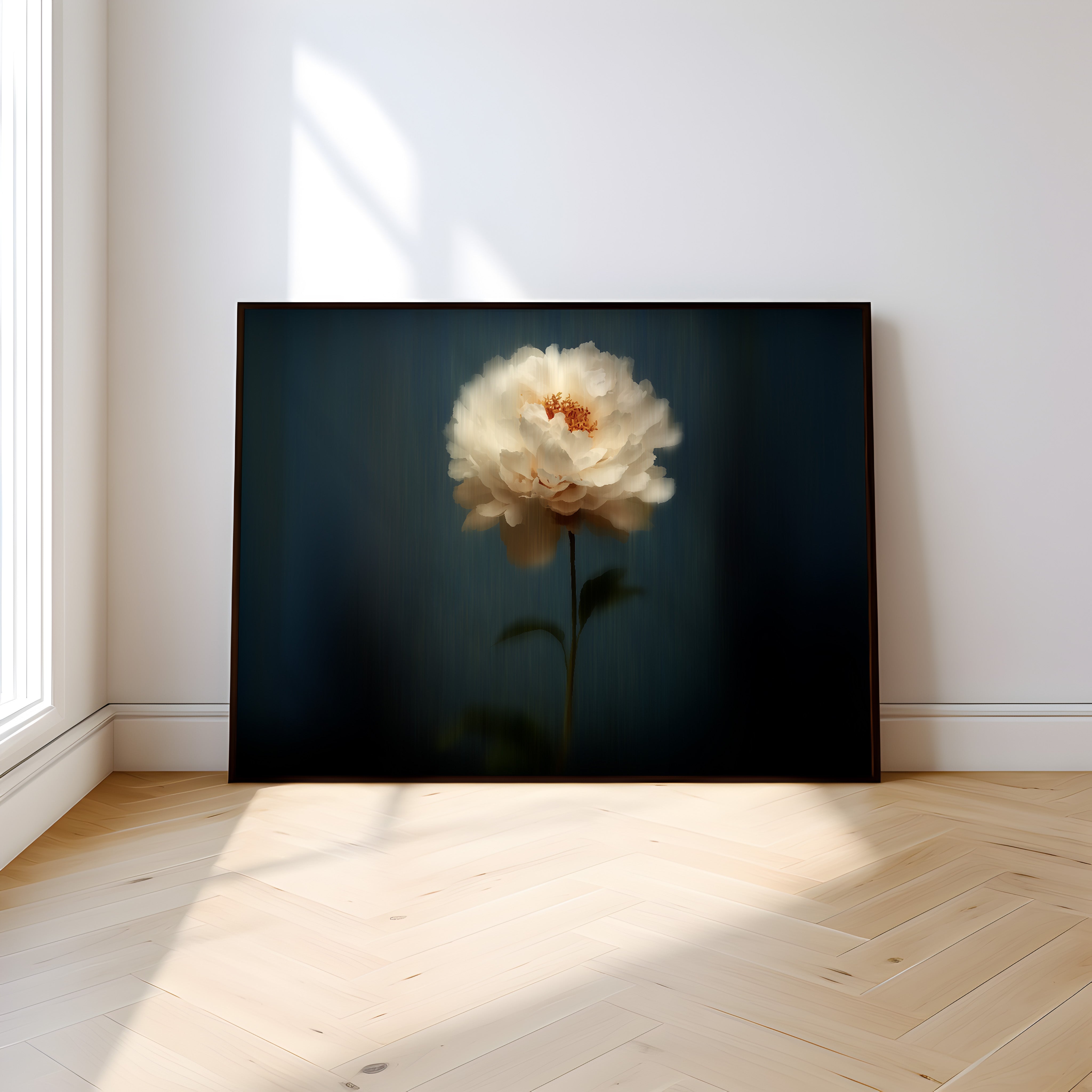 White Peony Wall Art – Dark Floral Painting | Minimalist Floating Flower Decor