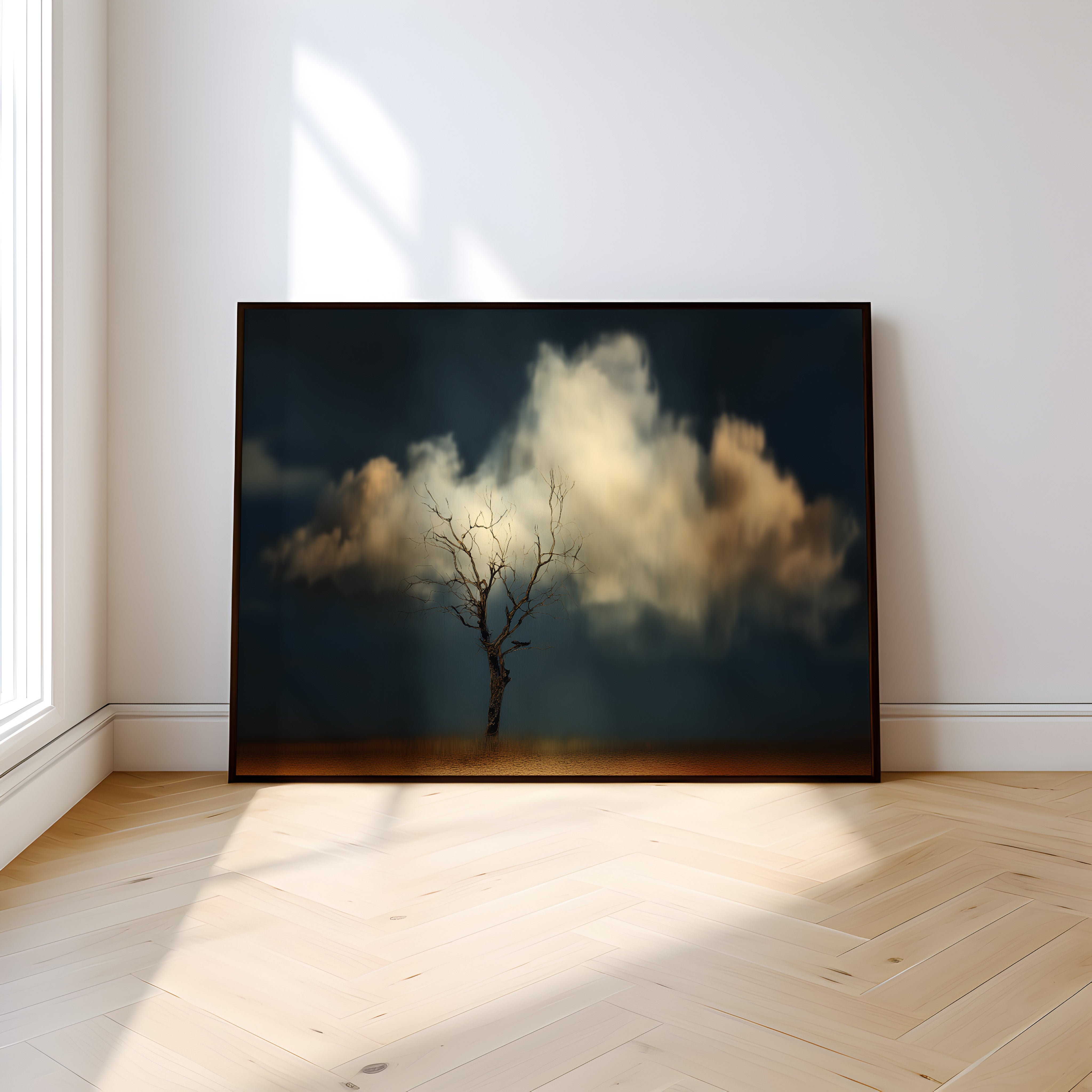 Minimalist Dead Tree Art | Moody Wall Art Print – Beige Cloud Background | Framed Canvas Wrap