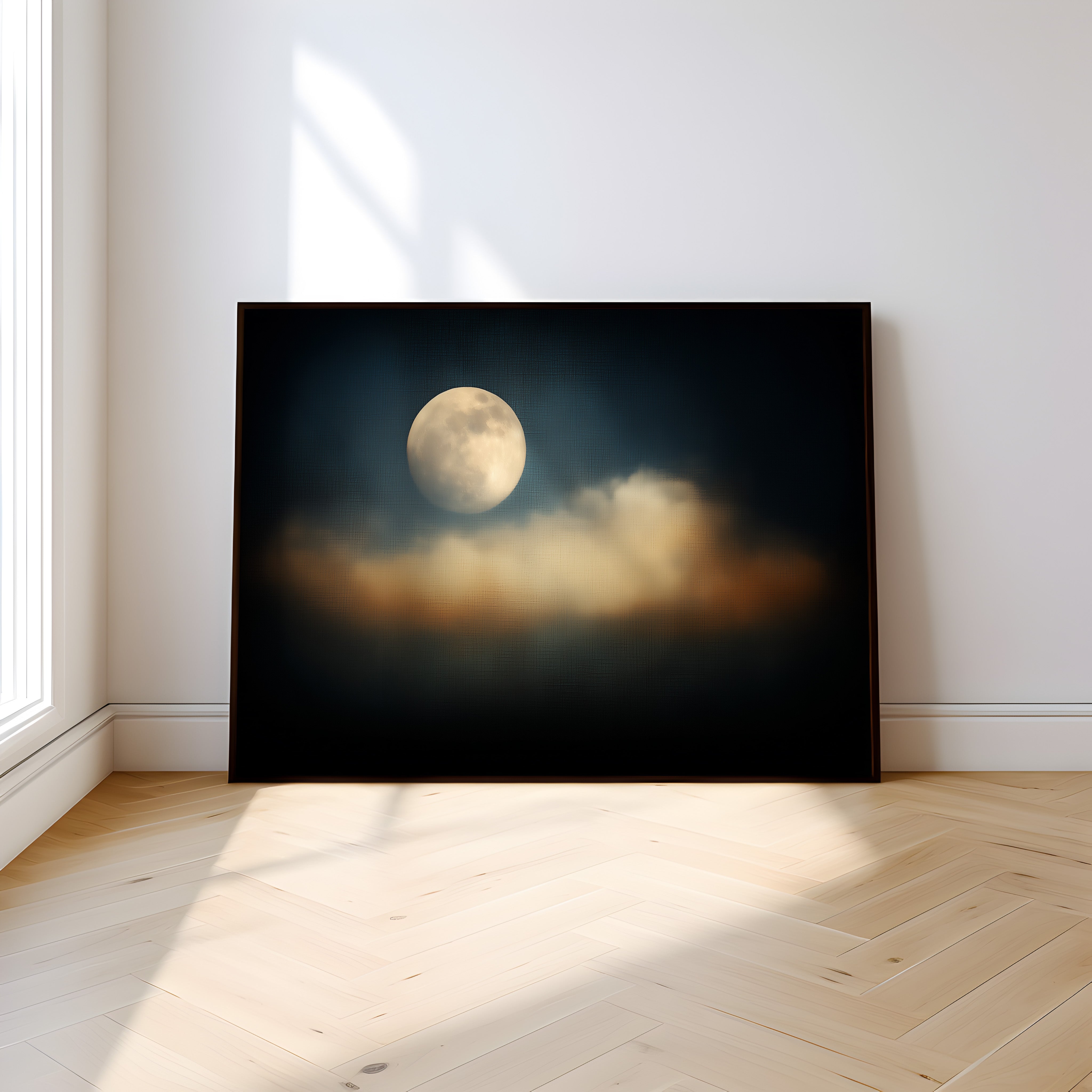 Full Moon Wall Art – Moody Night Sky Celestial Decor | Velvety Midnight Blue Canvas Print