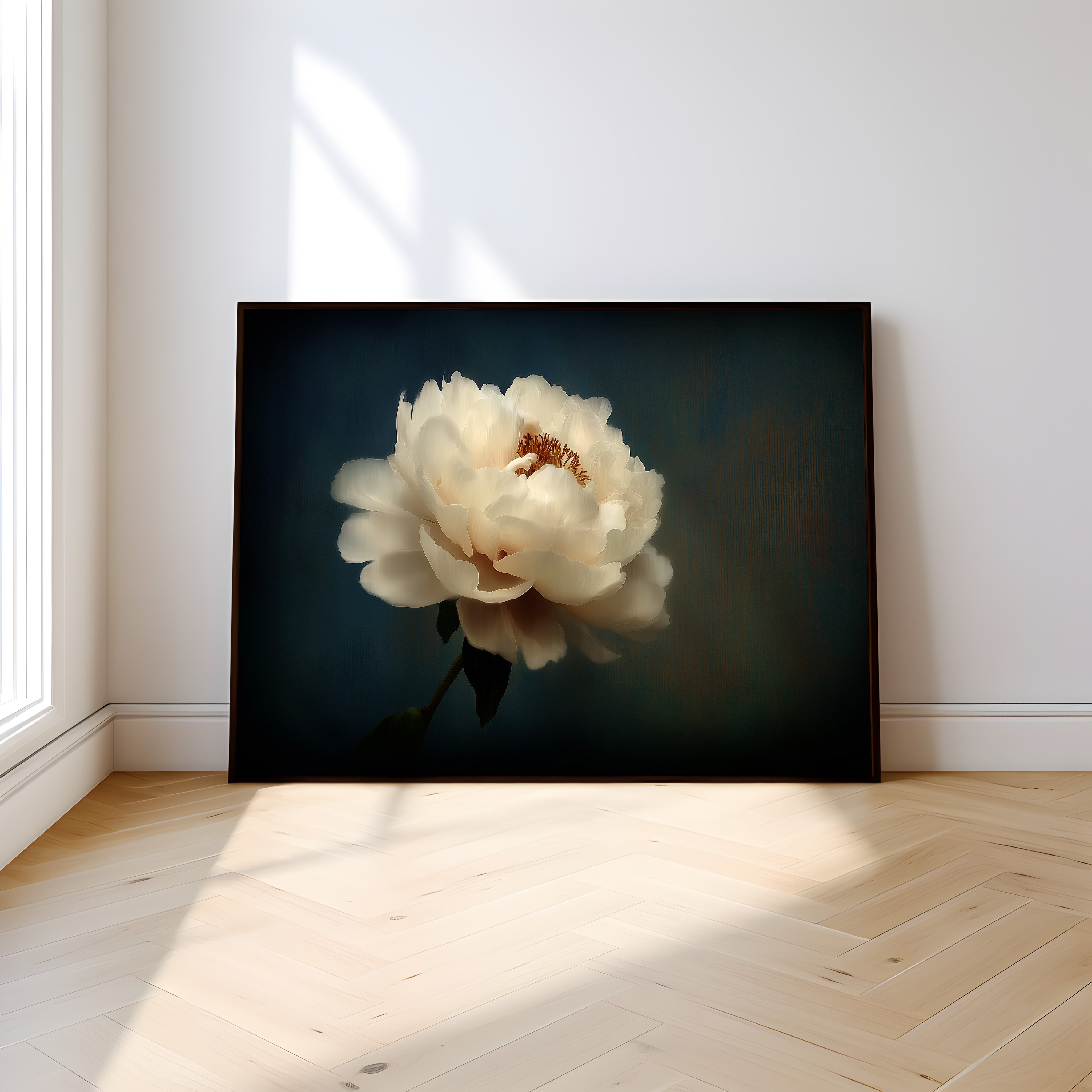 White Peony Wall Art – Minimalist Floral Print | Dark Moody Painting Canvas Gallery Wrap