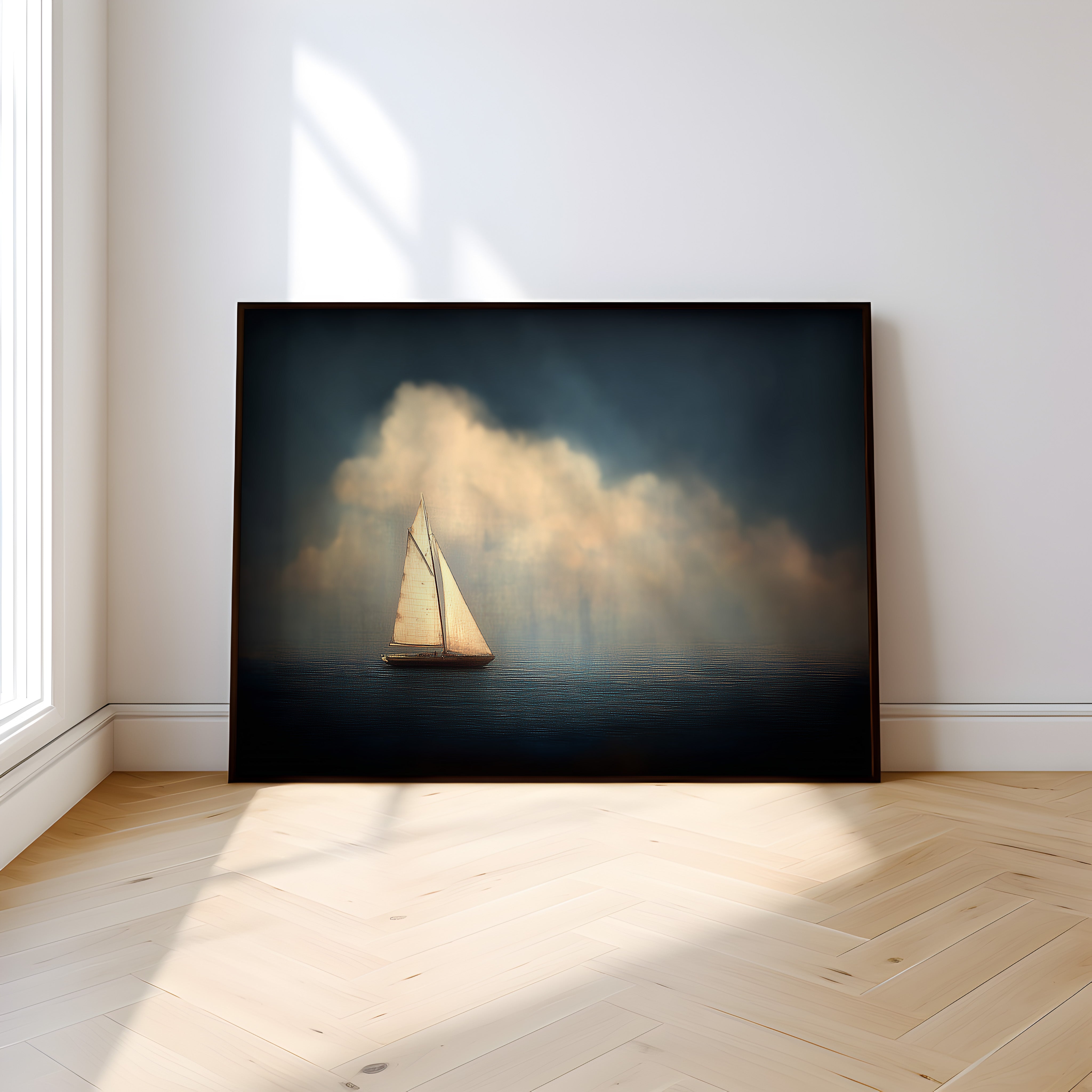 Solitary Sailboat Wall Art – Moody Coastal Decor | Midnight Blue Ocean Painting