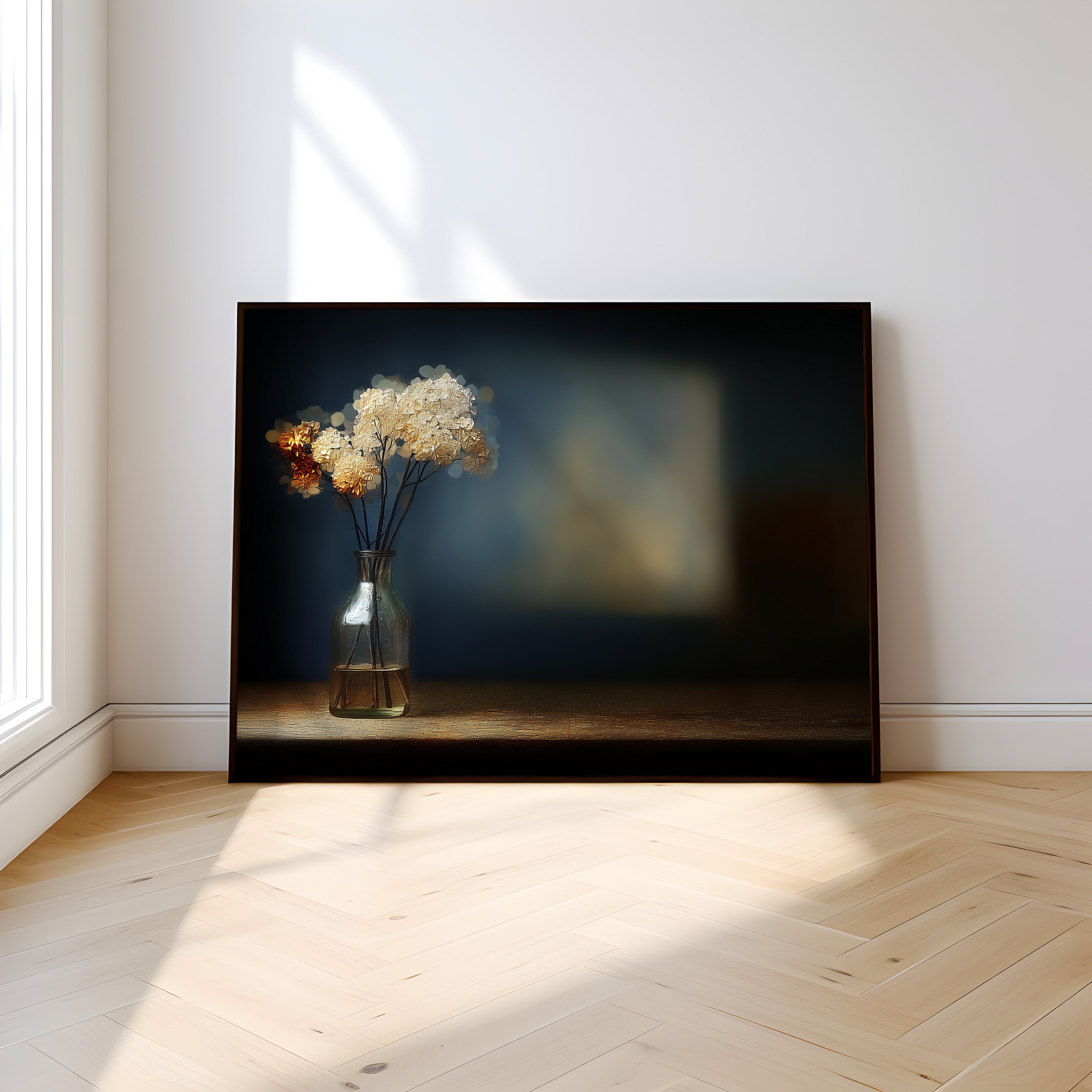 Dried Flowers Wall Art – Moody Minimalist Painting | Velvety Midnight Blue Print