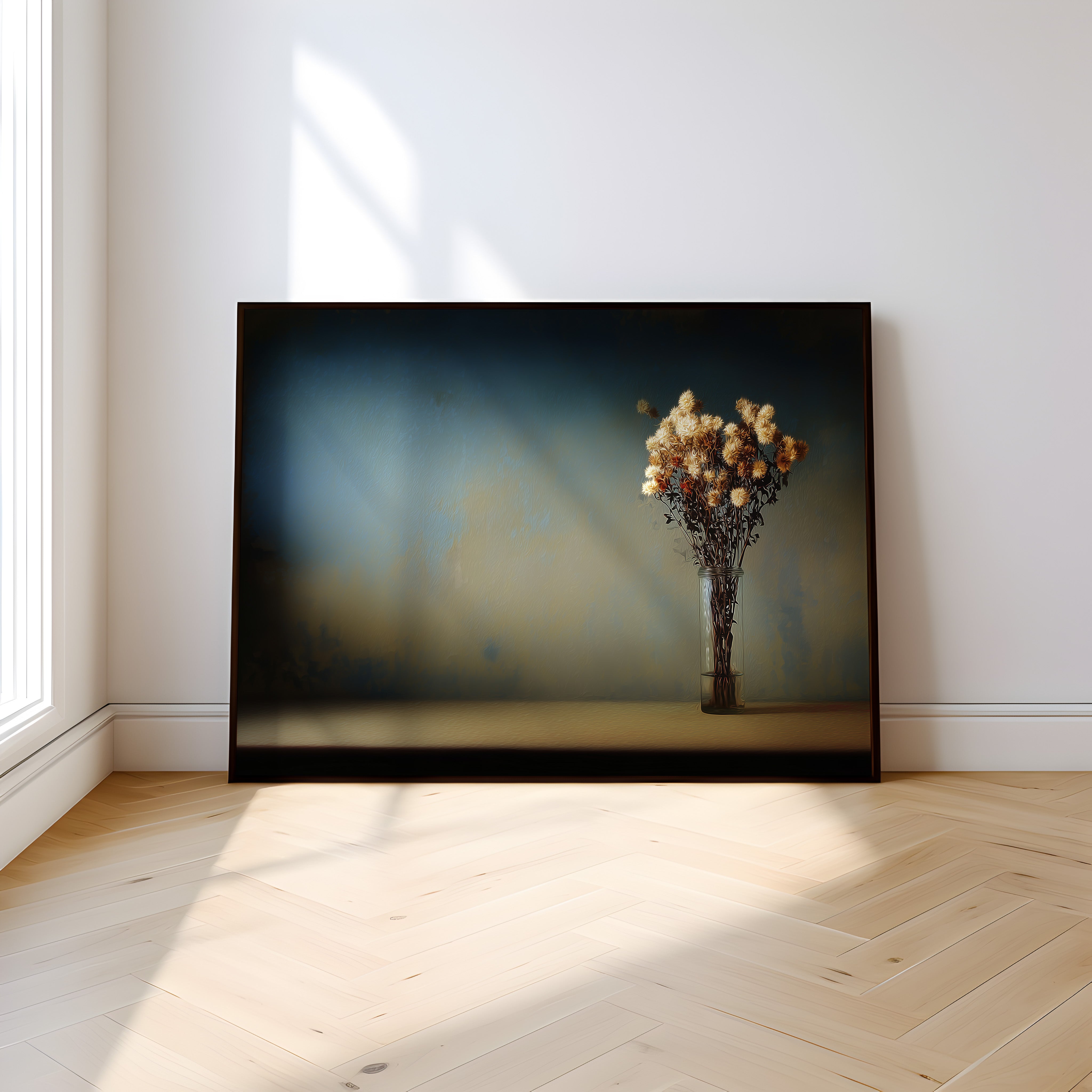 Dark Moody Artwork – Minimalist Wall Art With Velvety Midnight Blue Print & Aged Flowers