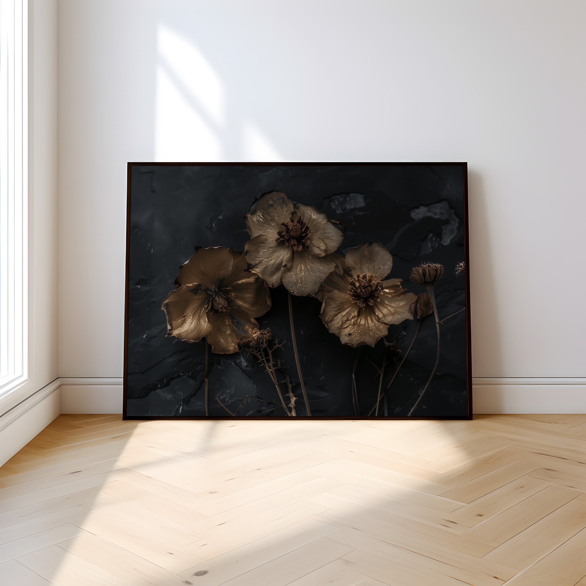 Dried Poppy Seed Pod Art – Moody Wabi Sabi Botanical Wall Decor | Textured Oil Painting