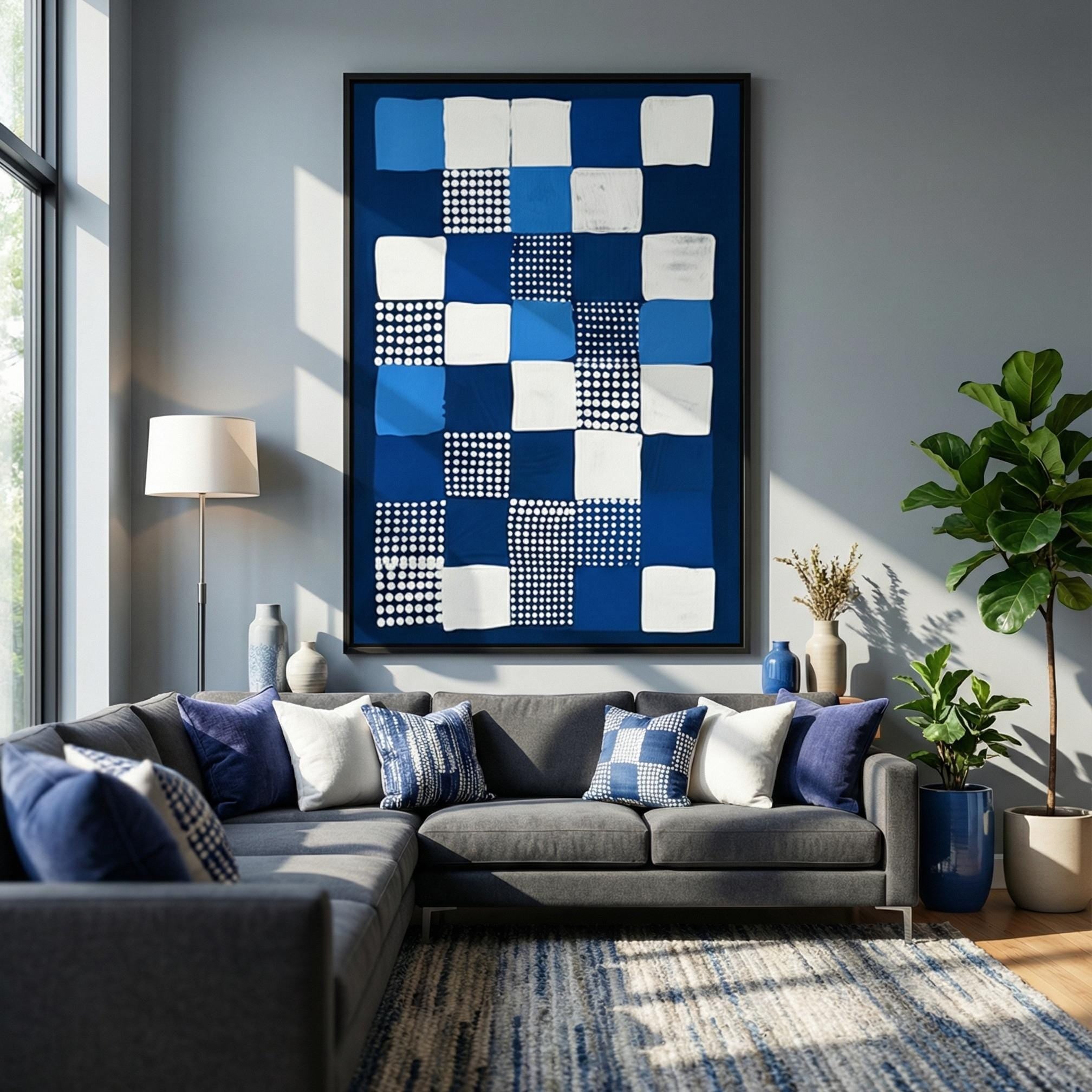 Modern Geometric Canvas Art, Persian Blue and White (Multiple Sizes)