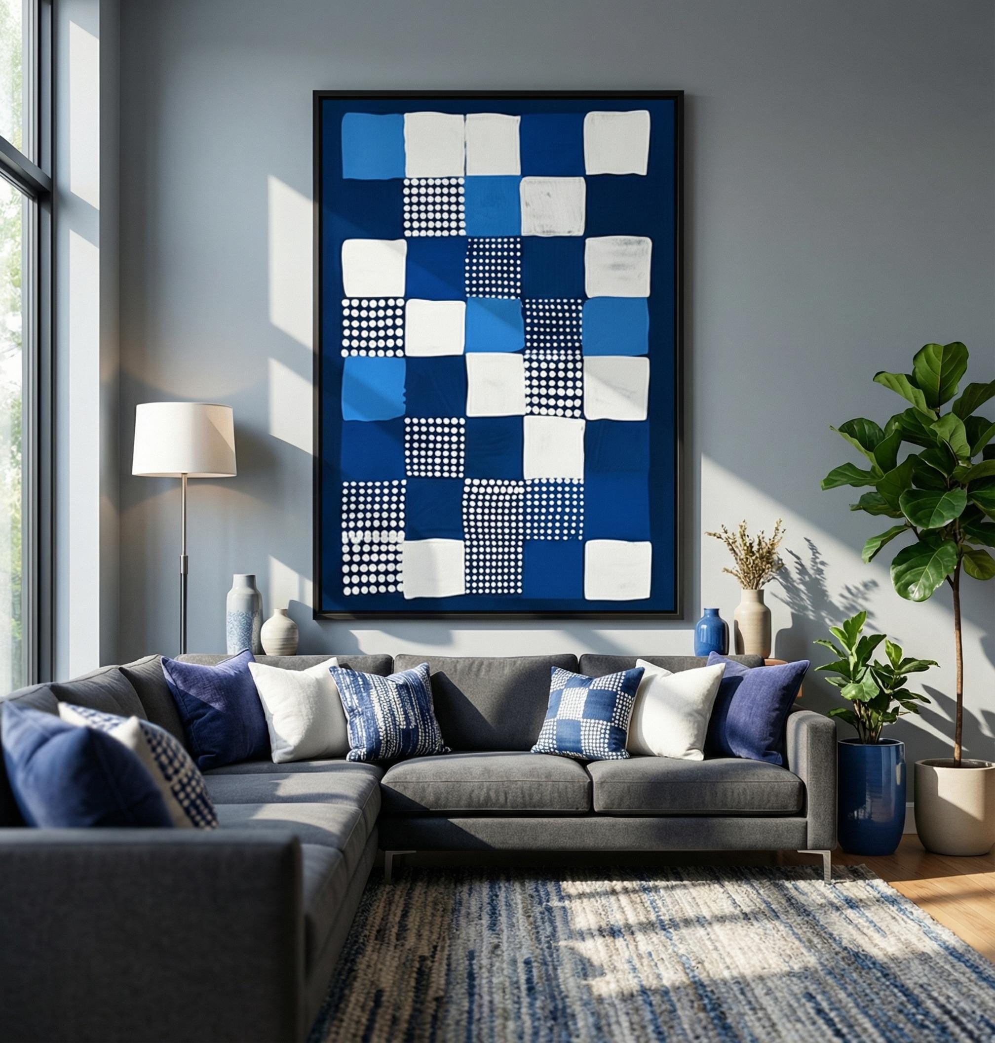 Modern Geometric Canvas Art, Persian Blue and White (Multiple Sizes)
