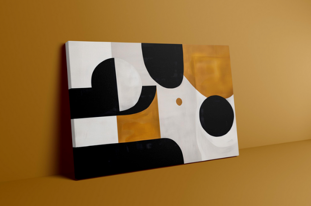 a modern abstract artwork with bold geometric shapes and bold colors, including black, white, and gold.