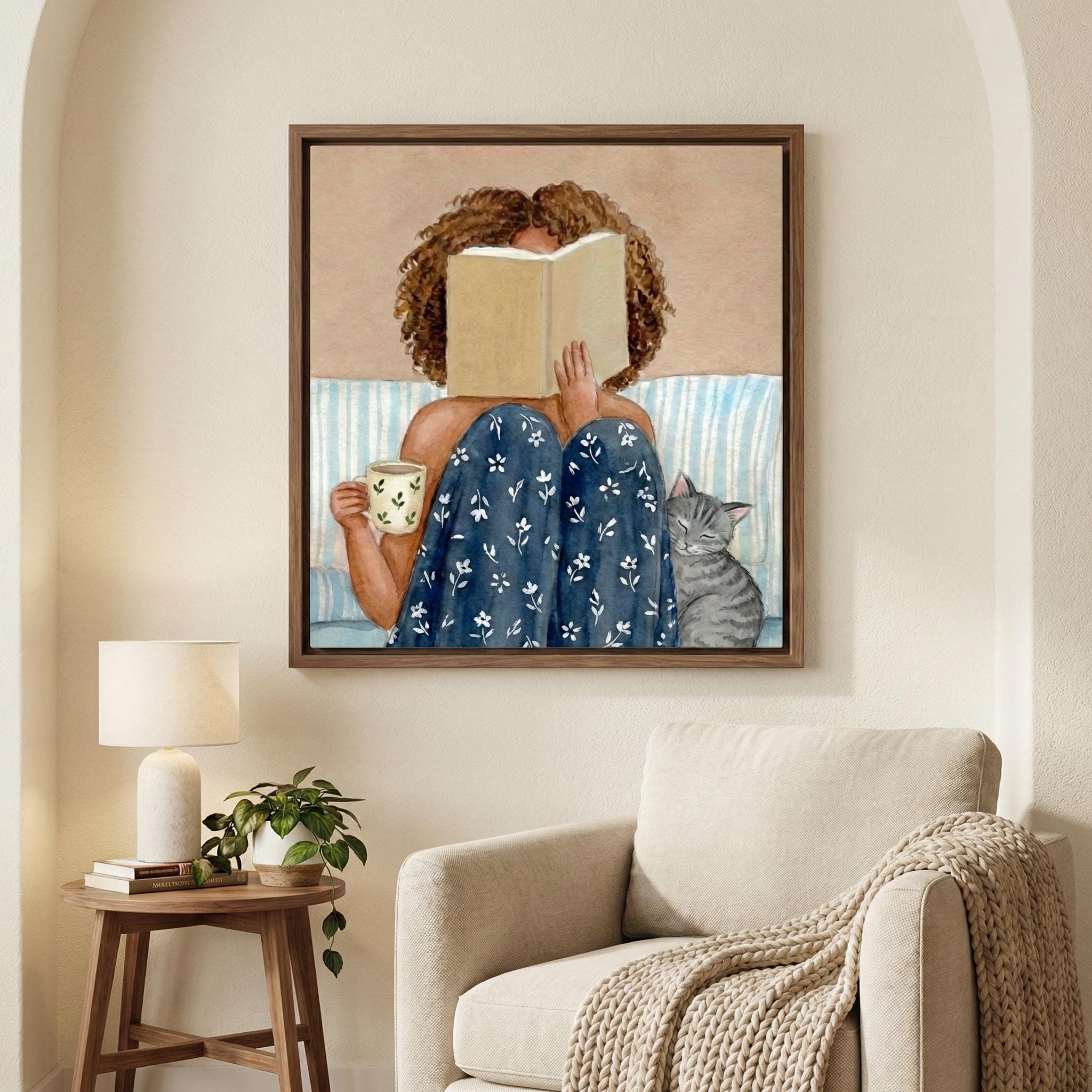 Reading Wall Art: Black Woman with Cat, Cozy Watercolor (Print or Canvas)