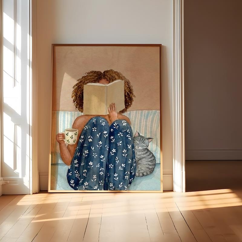 Reading Wall Art: Black Woman with Cat, Cozy Watercolor (Print or Canvas)