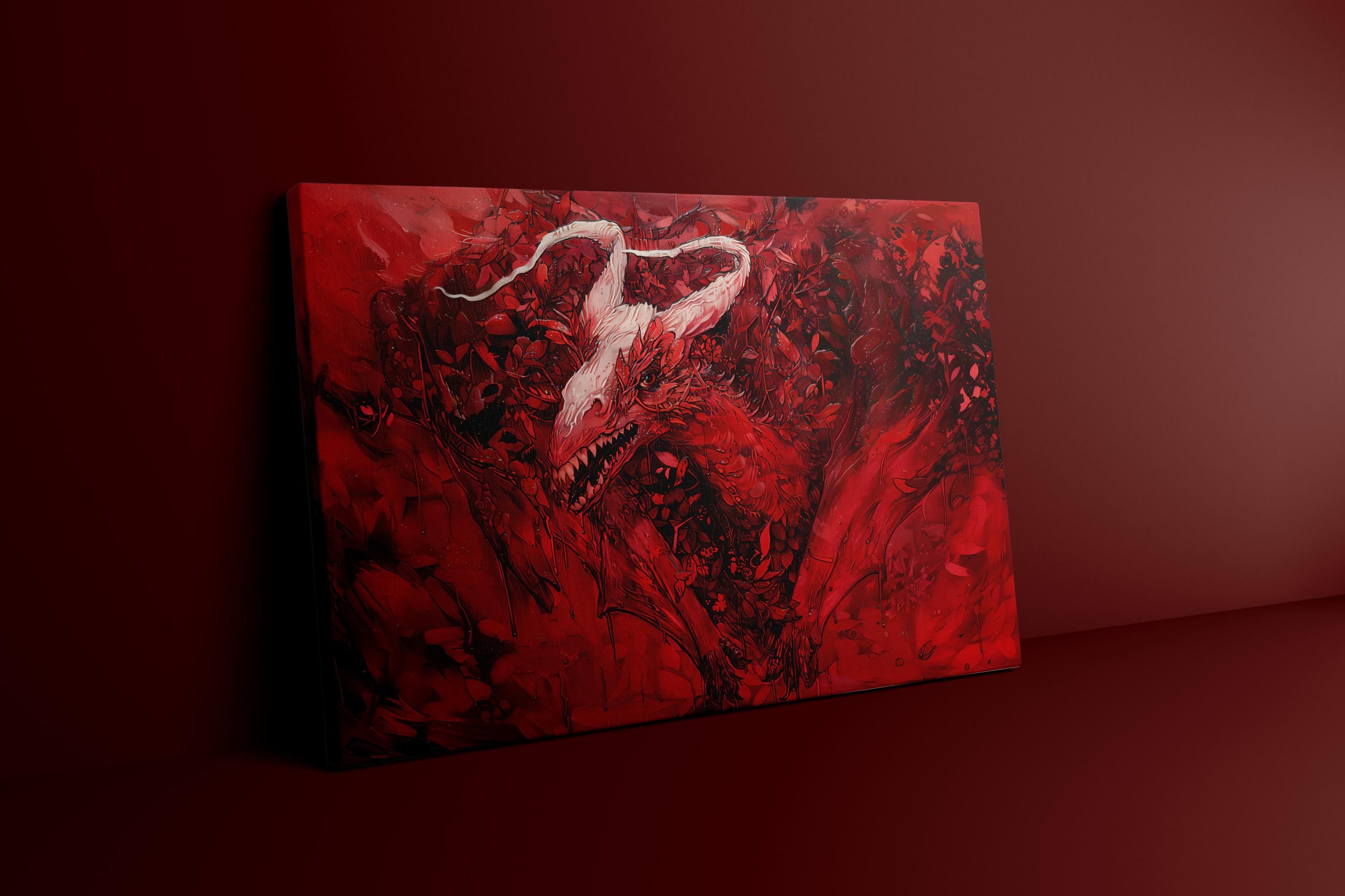 The Crimson Chimera: Red Mystical Creature Art | Dark Fantasy & Mythical Wall Decor