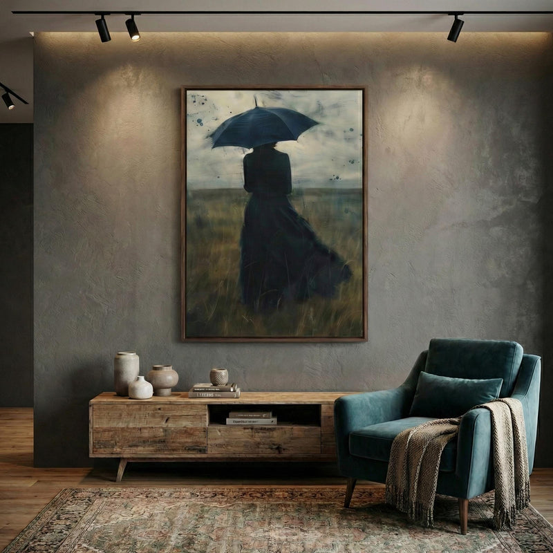 Solitude in the Rain Canvas: Moody Woman with Umbrella - Muted Colors