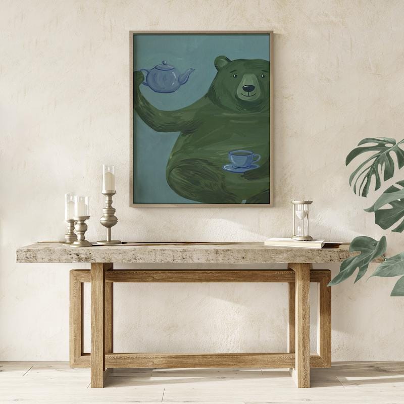 Whimsical Green Bear Wall Art - Playful Tea Party Illustration