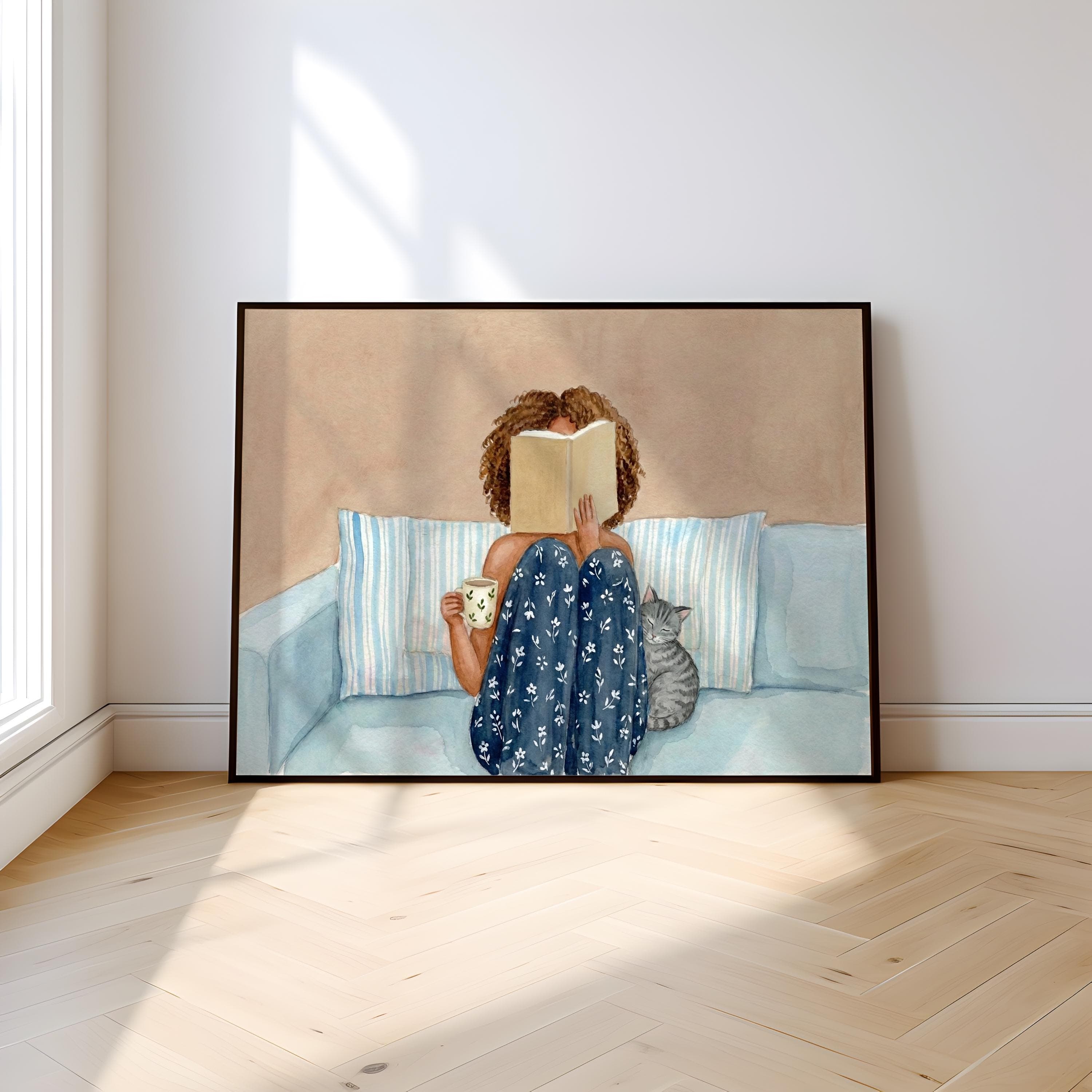 Reading Wall Art: Black Woman with Cat, Cozy Watercolor (Print or Canvas)