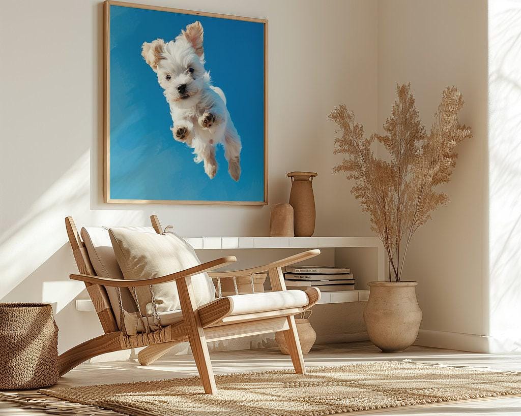 The Leap: Joyful Fluffy White Dog Art Print | Playful & Vibrant Pet Portrait Decor