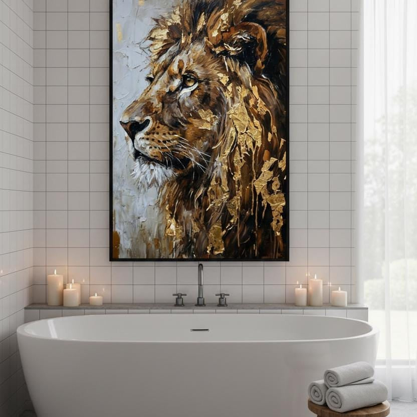a large painting of a lion's head above a white bathtub in a modern bathroom setting.