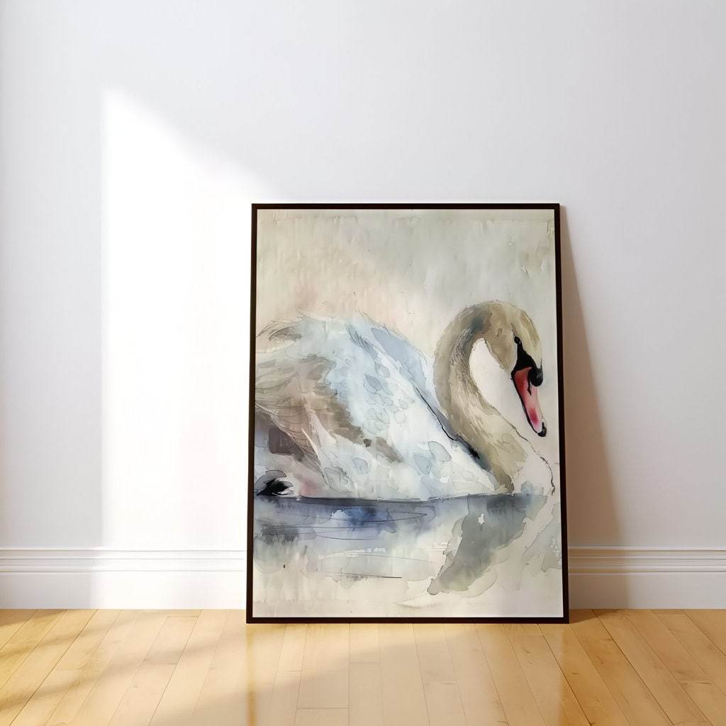Serene Grace: Elegant Swan Watercolor Art Print | Calming & Peaceful Lake Scene Decor