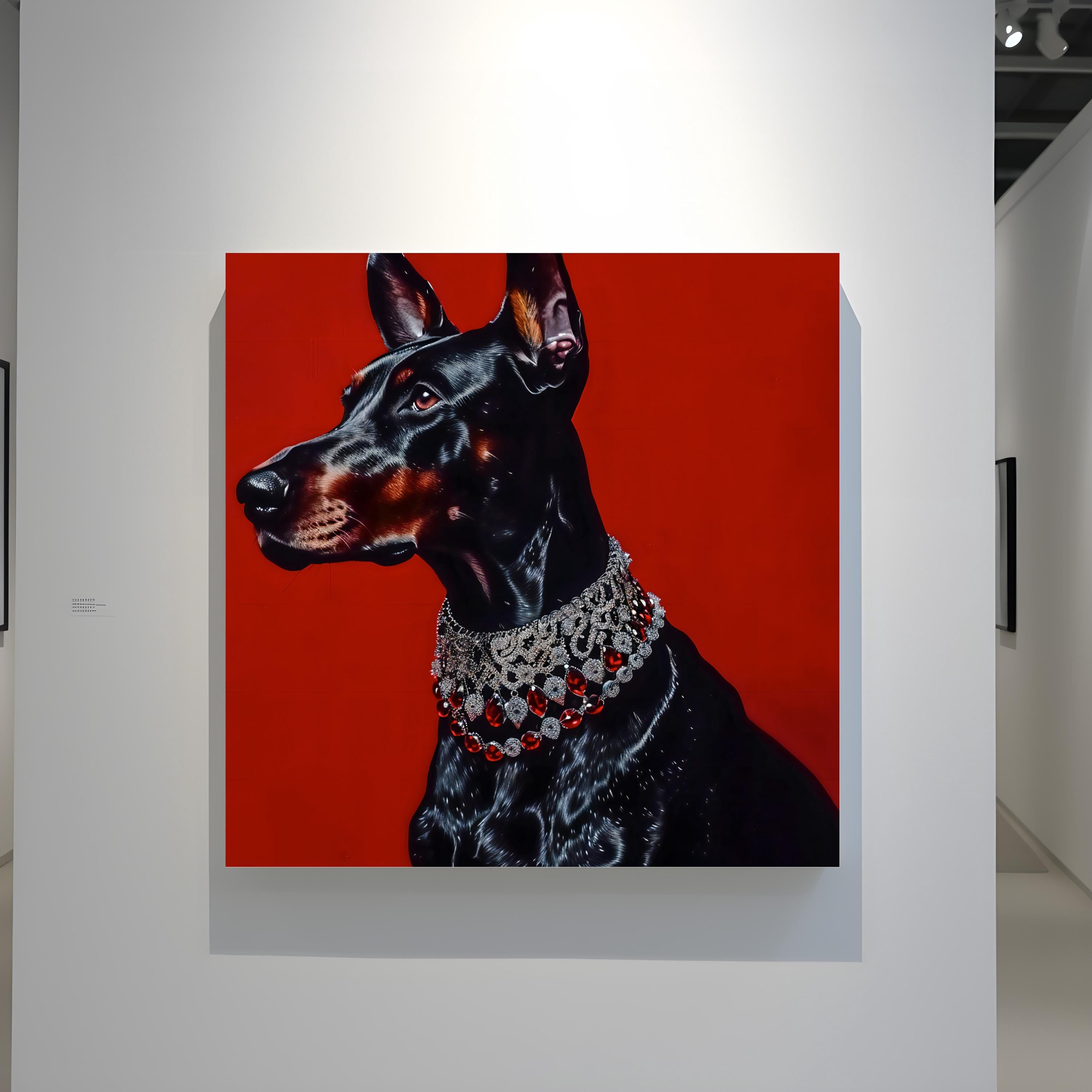 The Guardian: Black Doberman Pinscher Portrait with Red Gem Collar | Regal & Elegant Dog Art