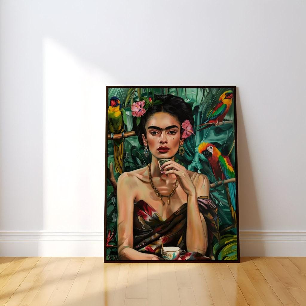 Tropical Goddess: Vibrant Jungle Portrait with Parrots | Exotic Floral Wall Art Decor