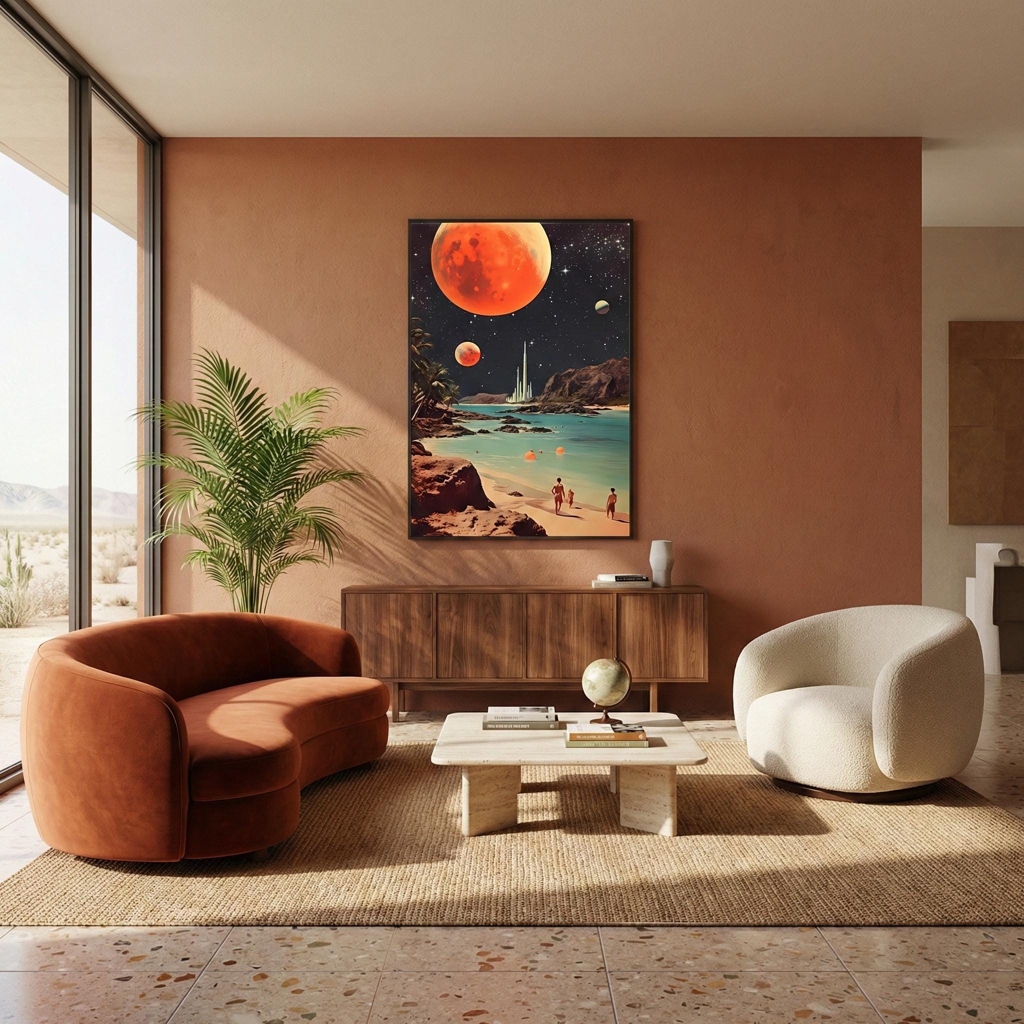 Space Beach Print: Sci-Fi Retro Art - Tranquil, Soft Hues