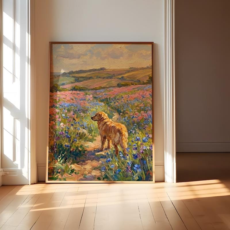 Golden Retriever Dog Art, Wildflower Field, Spring Colors (Canvas or Print)