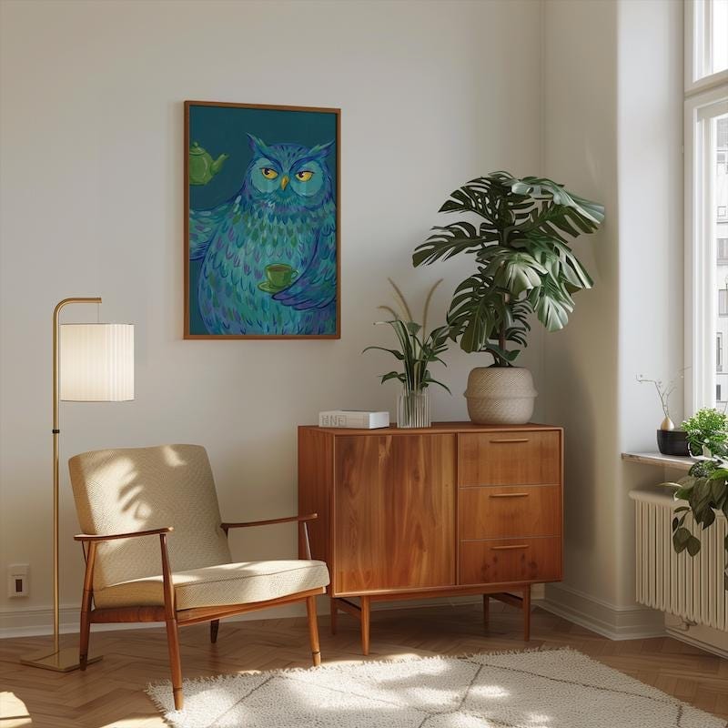 Funny Blue Owl Art Print: Whimsical Tea Time Kitchen Decor