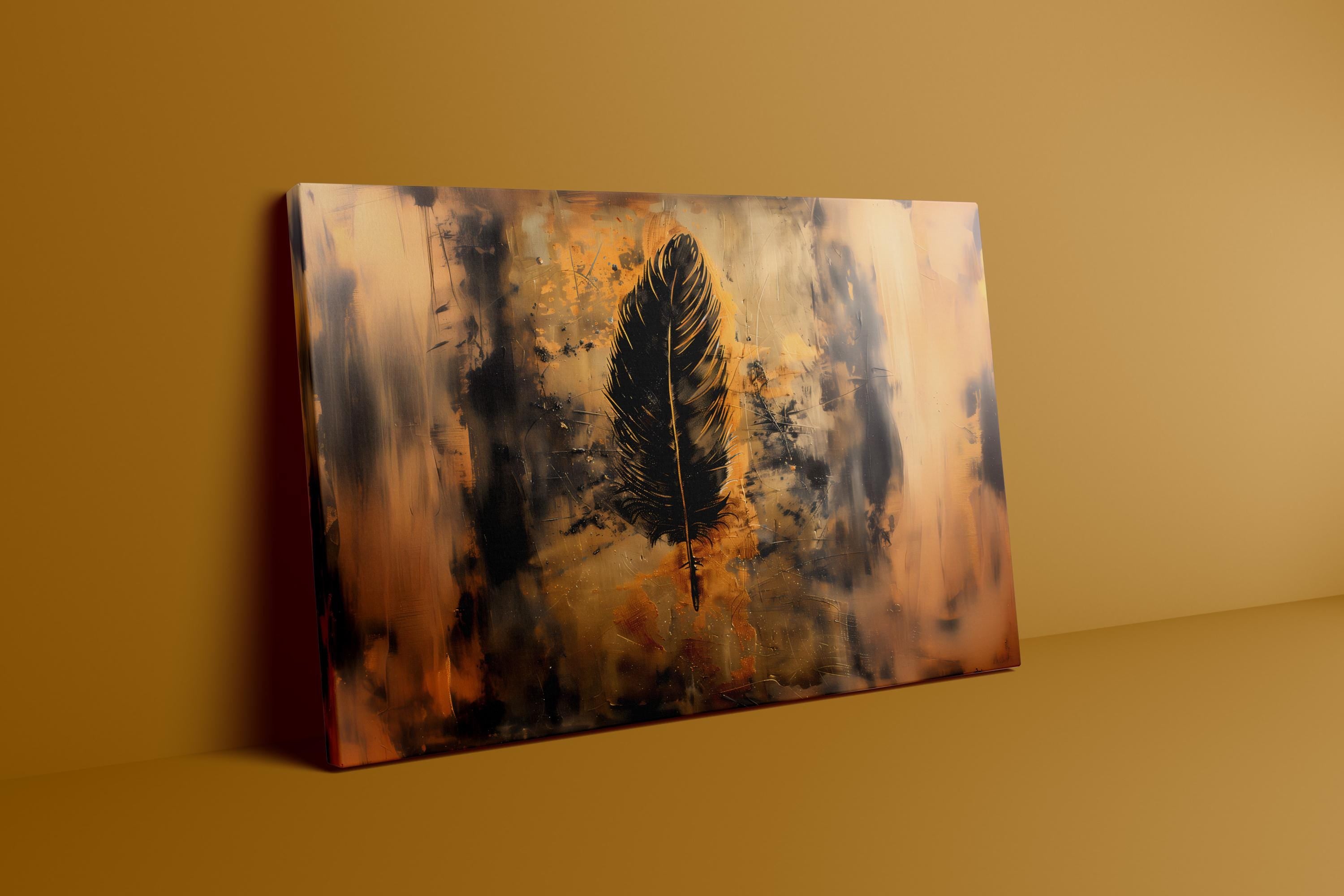 Old Feather: Modern Abstract Wall Art in Gold & Black, Framed Canvas Print, Modern Minimalist Art, Immersive Art, QR code Live Art