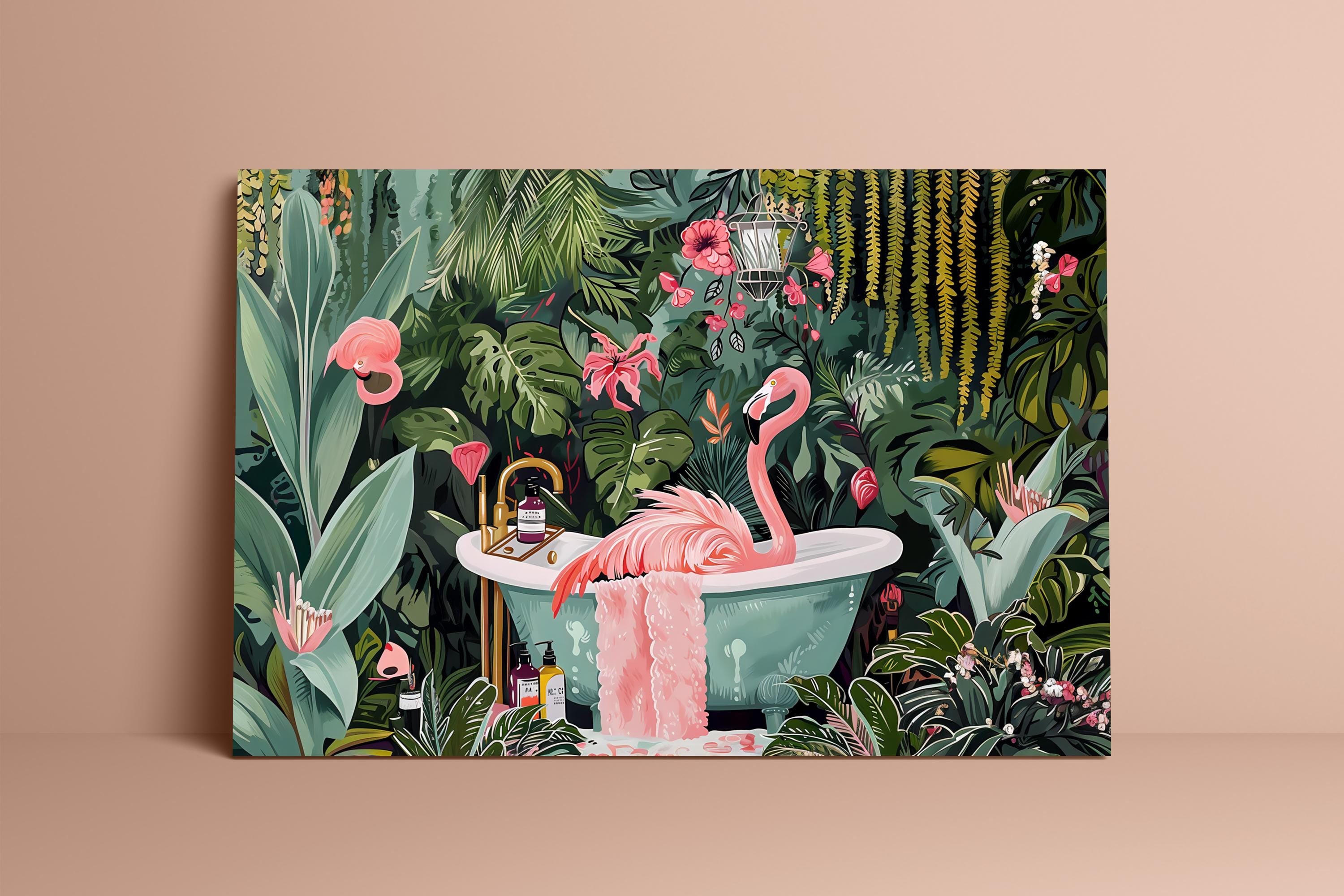 The Jungle Oasis: Whimsical Flamingo in Bathtub Art | Playful & Eclectic Bathroom Decor