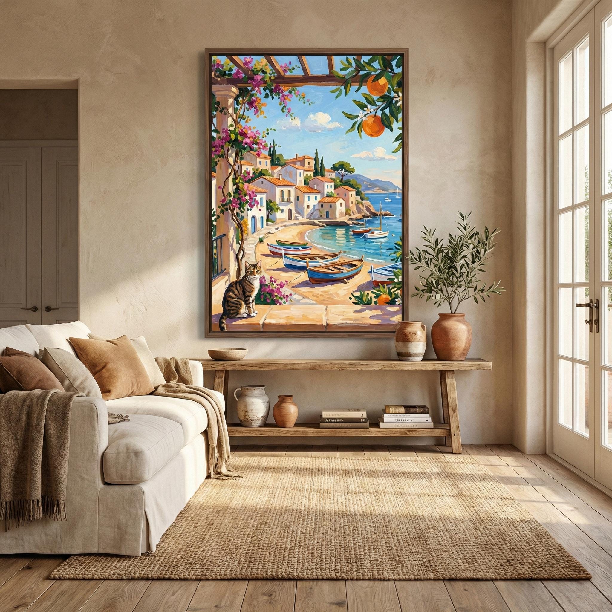 Italian Coastal Wall Art: Mediterranean View with Cat - Vibrant Colors
