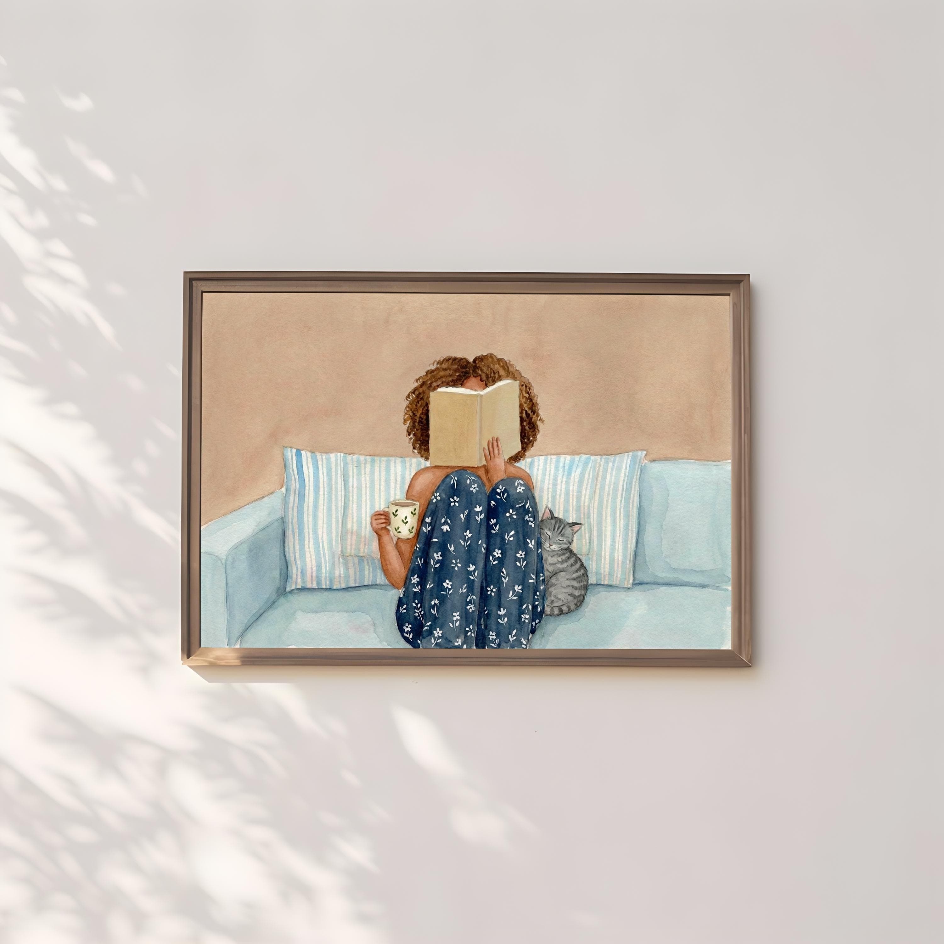 Reading Wall Art: Black Woman with Cat, Cozy Watercolor (Print or Canvas)