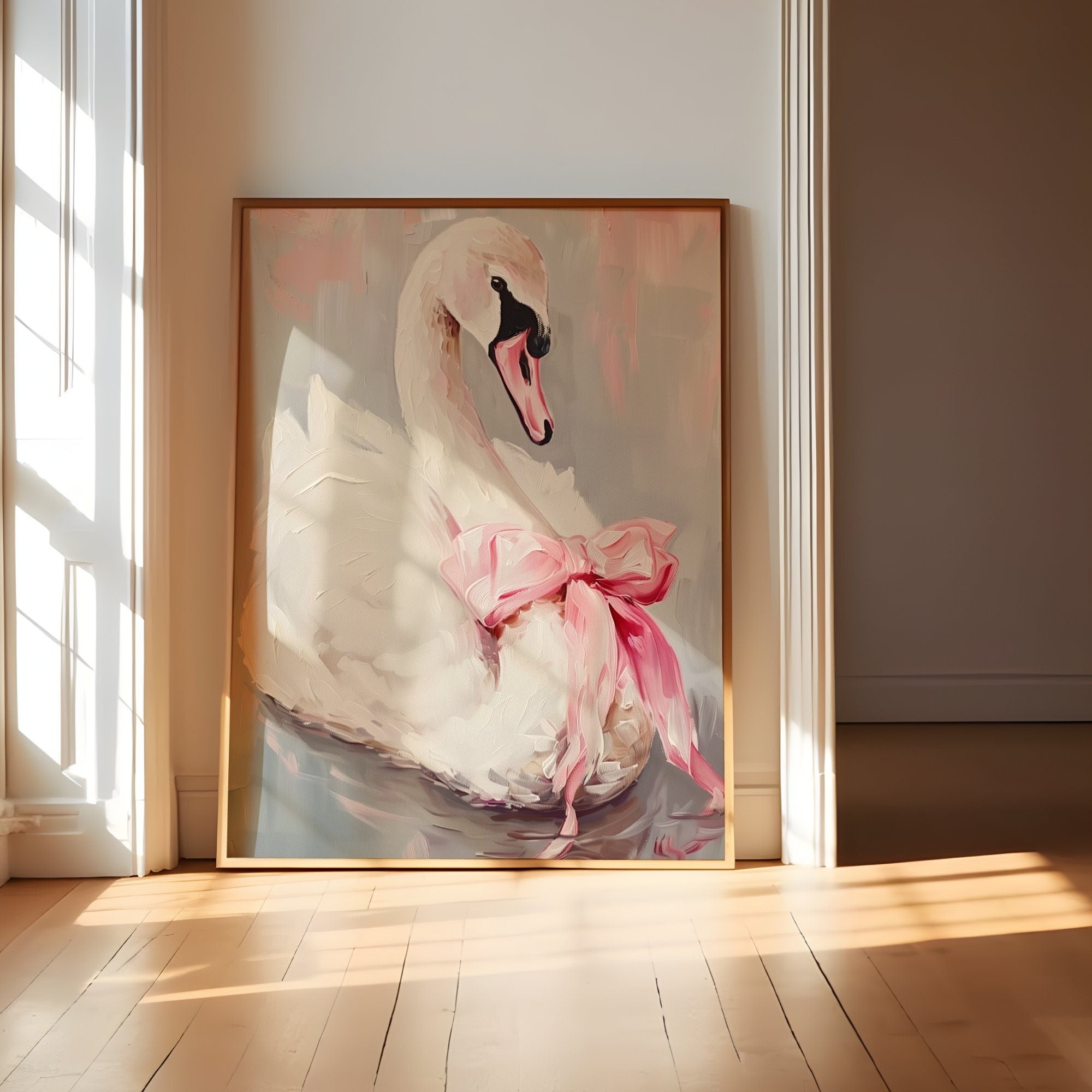 Ballerina Swan Art Print: Elegant Pink Bow, Soft Pastel Wall Decor