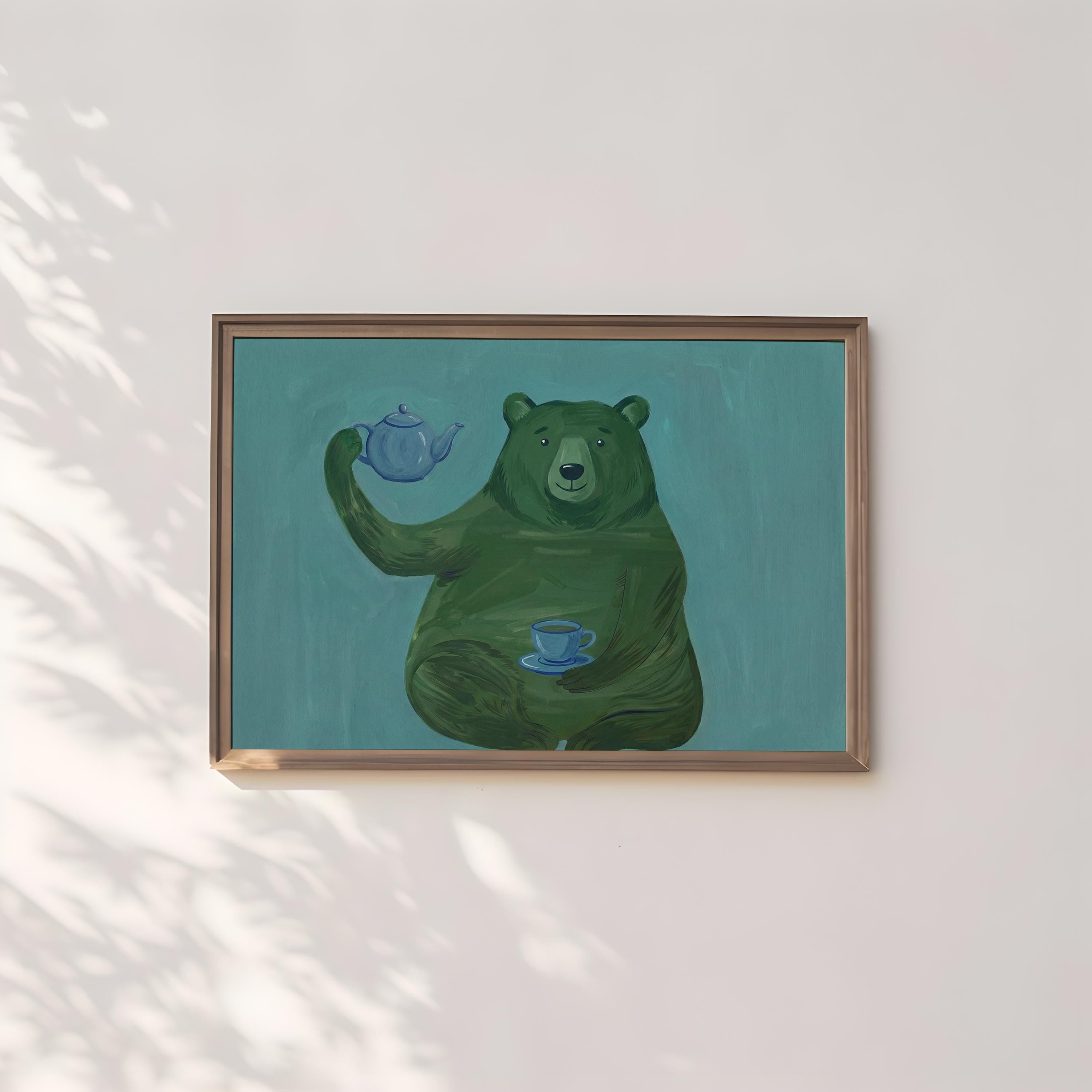 Whimsical Green Bear Wall Art - Playful Tea Party Illustration