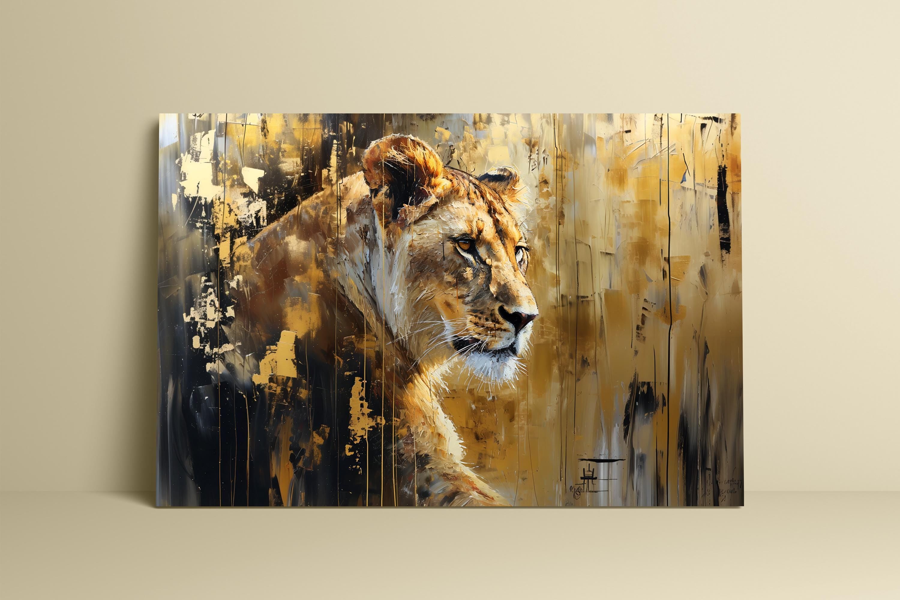 The Golden Queen: Majestic Lioness Abstract | Modern & Temporal Impressionist Art
